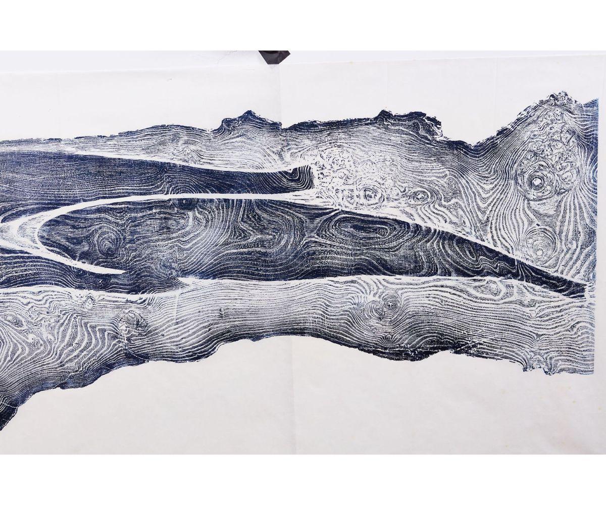 A large-scale woodblock by British artist Julian Meredith, titled 'elm pod'. The woodblock is a very limited edition print
made by the artist on rice paper and colored with indigo ink. Meredith is noted for his beautiful depictions of whales and