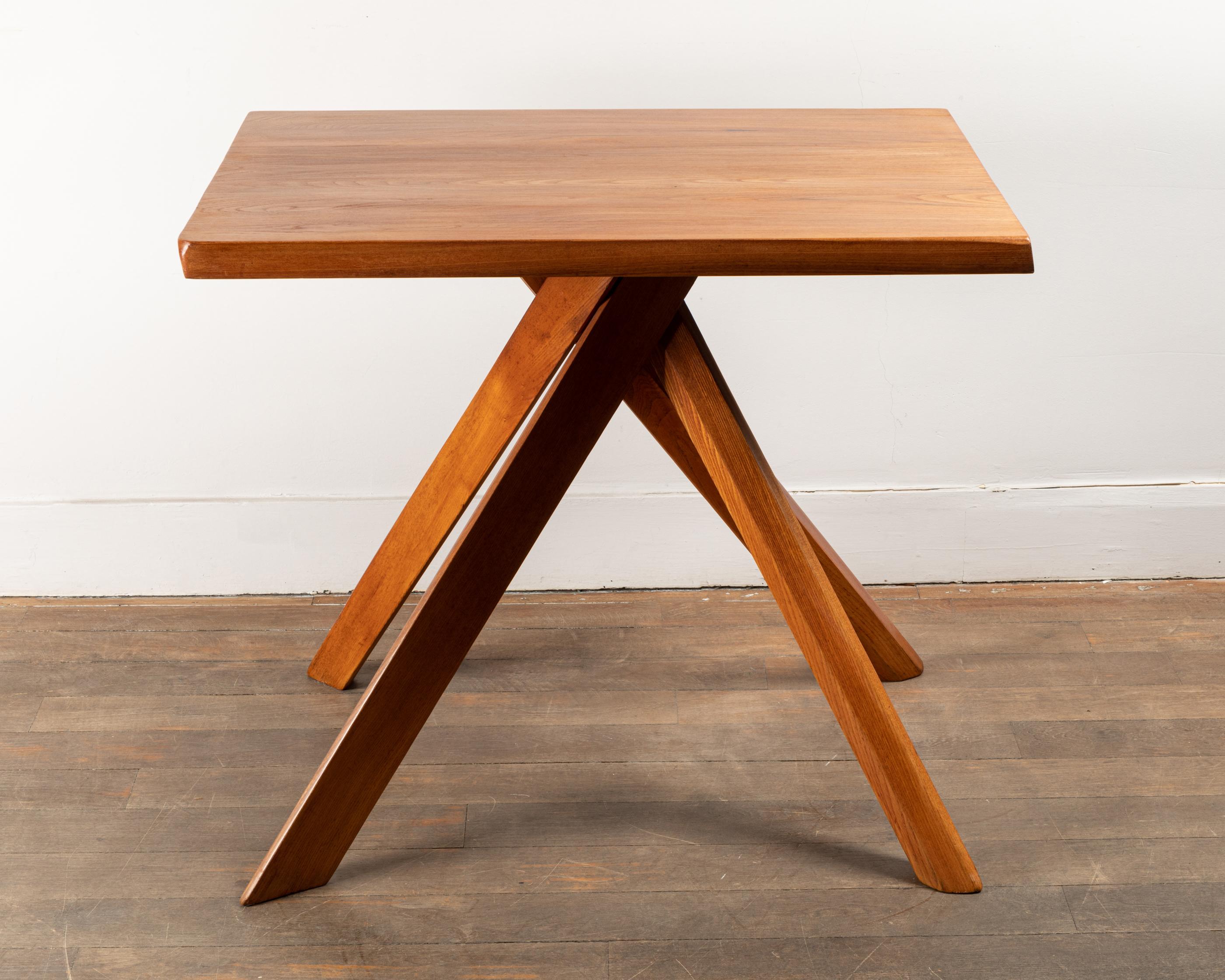 One Elm table, model T27A, named 'Rectangulaire Duo'
By Pierre Chapo ( 1927-1987)
 
Thick top in solid elm wood on 4 feet.
France, circa 1960.

Measures : 
Height 28.5 inches (72.5 cm)
Width 32.3 inches (82 cm)
Depth 24 inches (61 cm)
Top