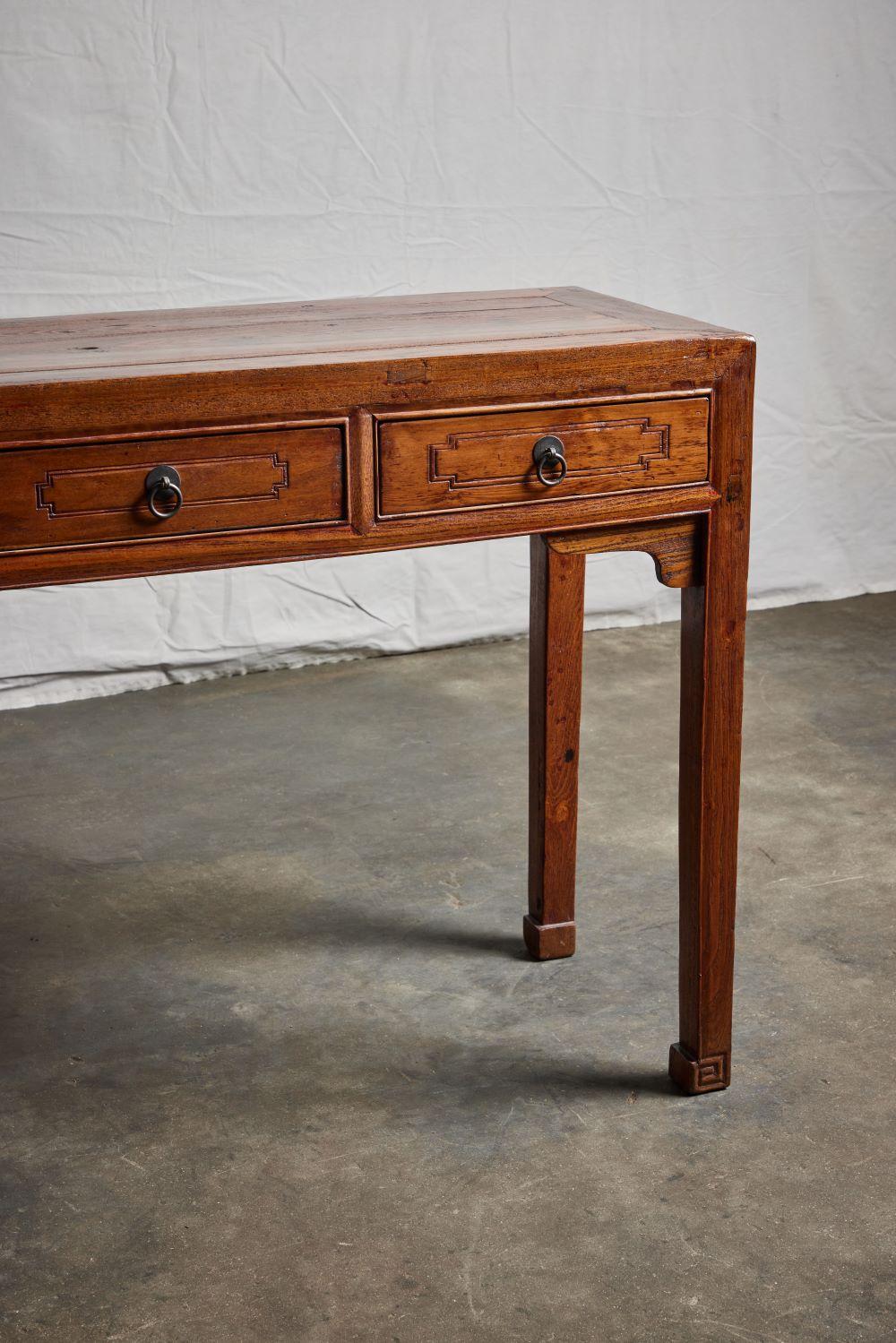 Elm Wood 4 Drawer Console Table In Good Condition In Pasadena, CA