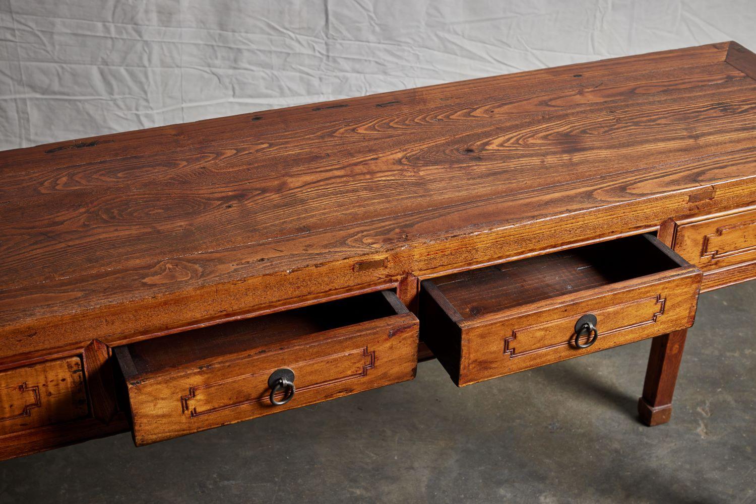 19th Century Elm Wood 4 Drawer Console Table