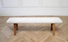 Elmwood Bench Upholstered in Antique White Homespun Linen and Antique Tack Trim