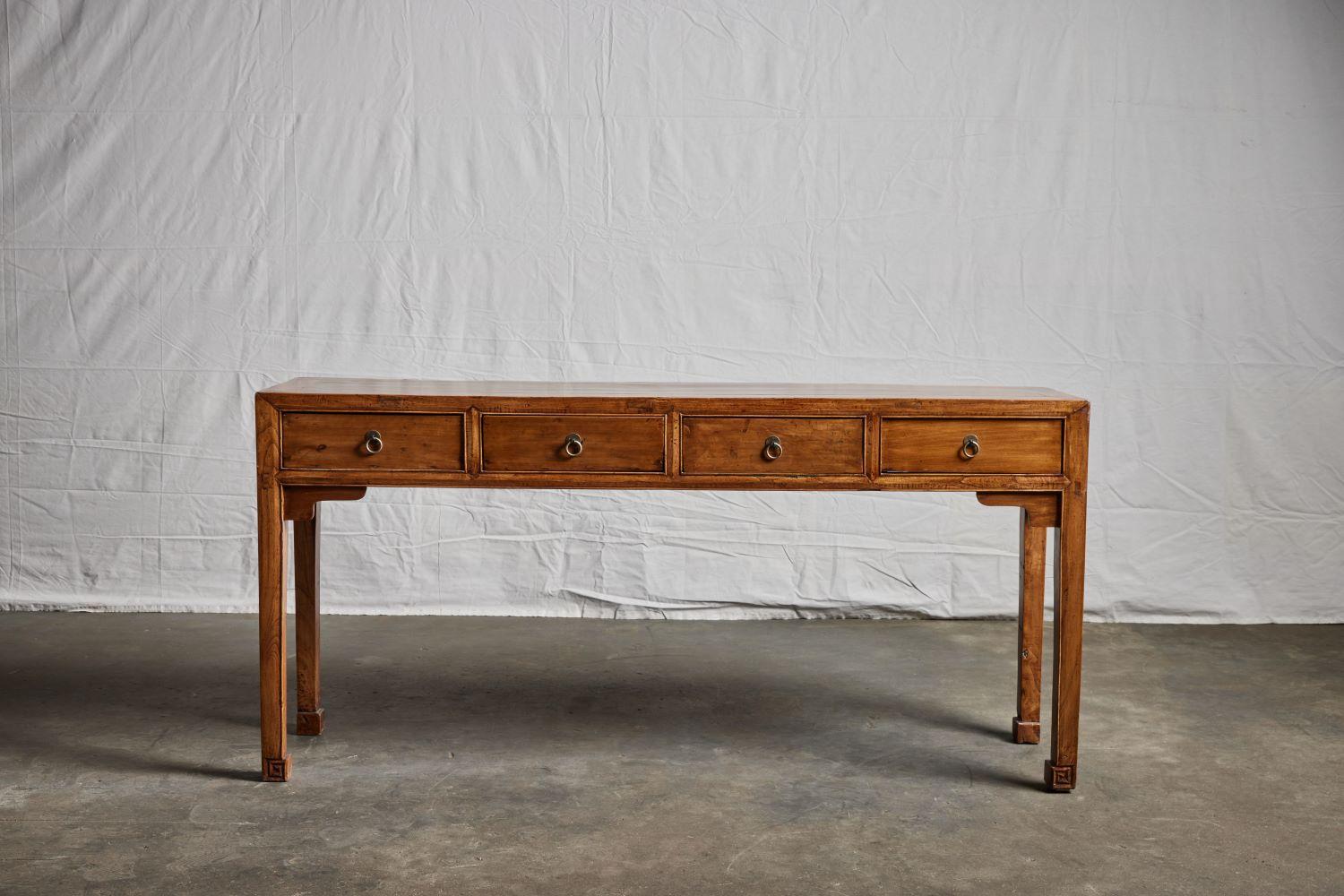 Late 19th century elm wood 4 drawer console table.