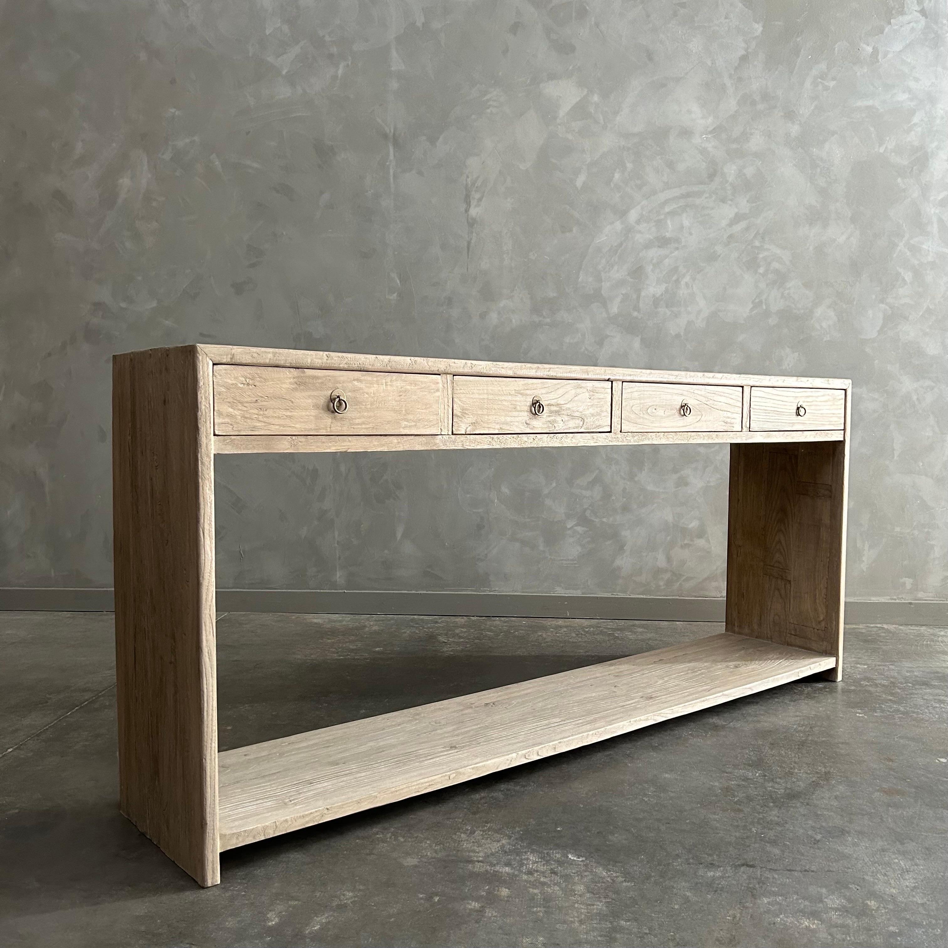 Contemporary Elm Wood Console Table with Drawer in Natural Finish 80