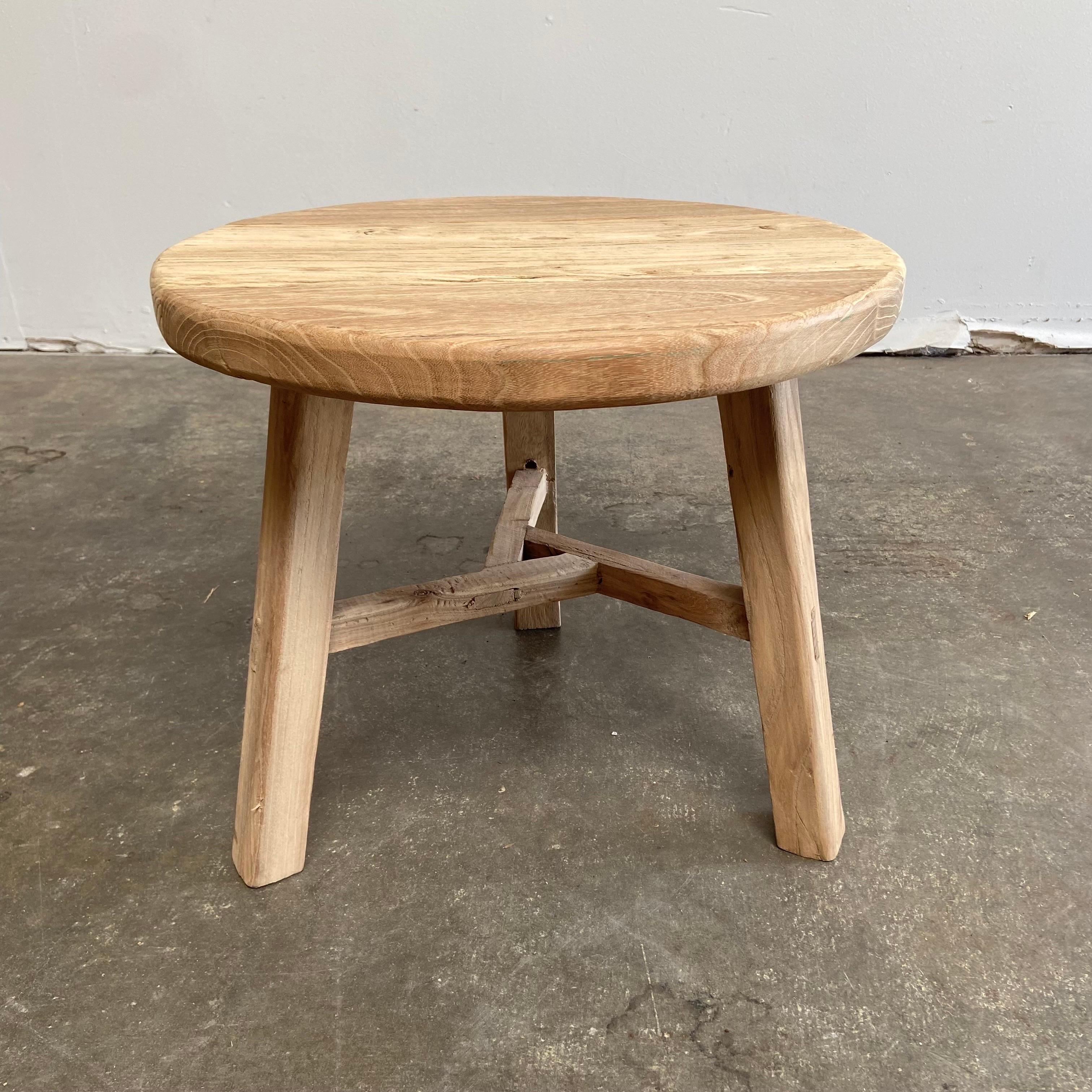 Round elm wood side table multiple quantities available. Natural unstained raw finish, solid elm wood, made by bloom home inc. Solid and sturdy, great for use next to a sofa, in between chairs, in a bath, or bedside.
Elm side table 20”RD. X 18”H