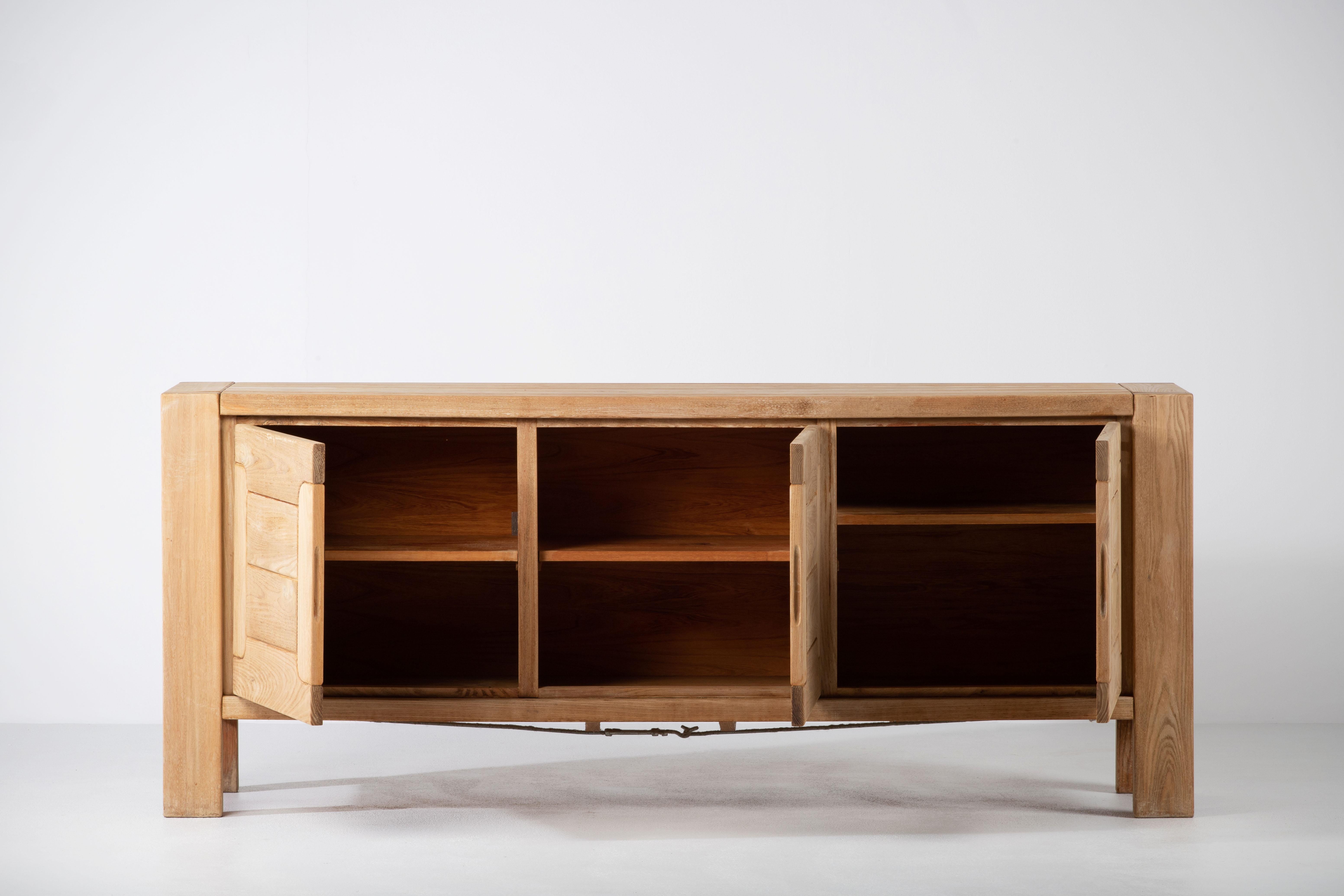 Mid-Century Modern Elm Wood Sideboard Attributed to Maison Regain, France, 1970s