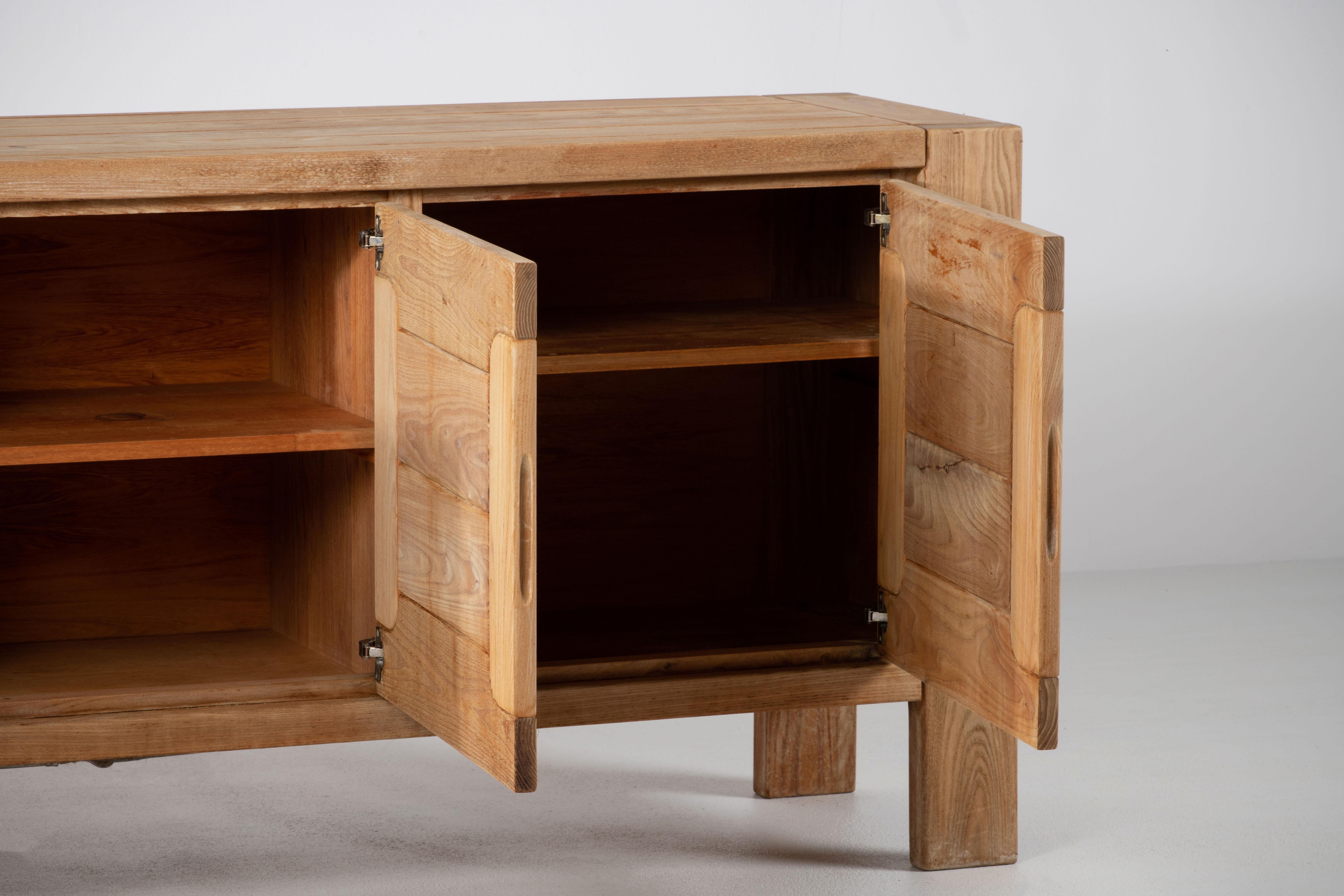 French Elm Wood Sideboard Attributed to Maison Regain, France, 1970s
