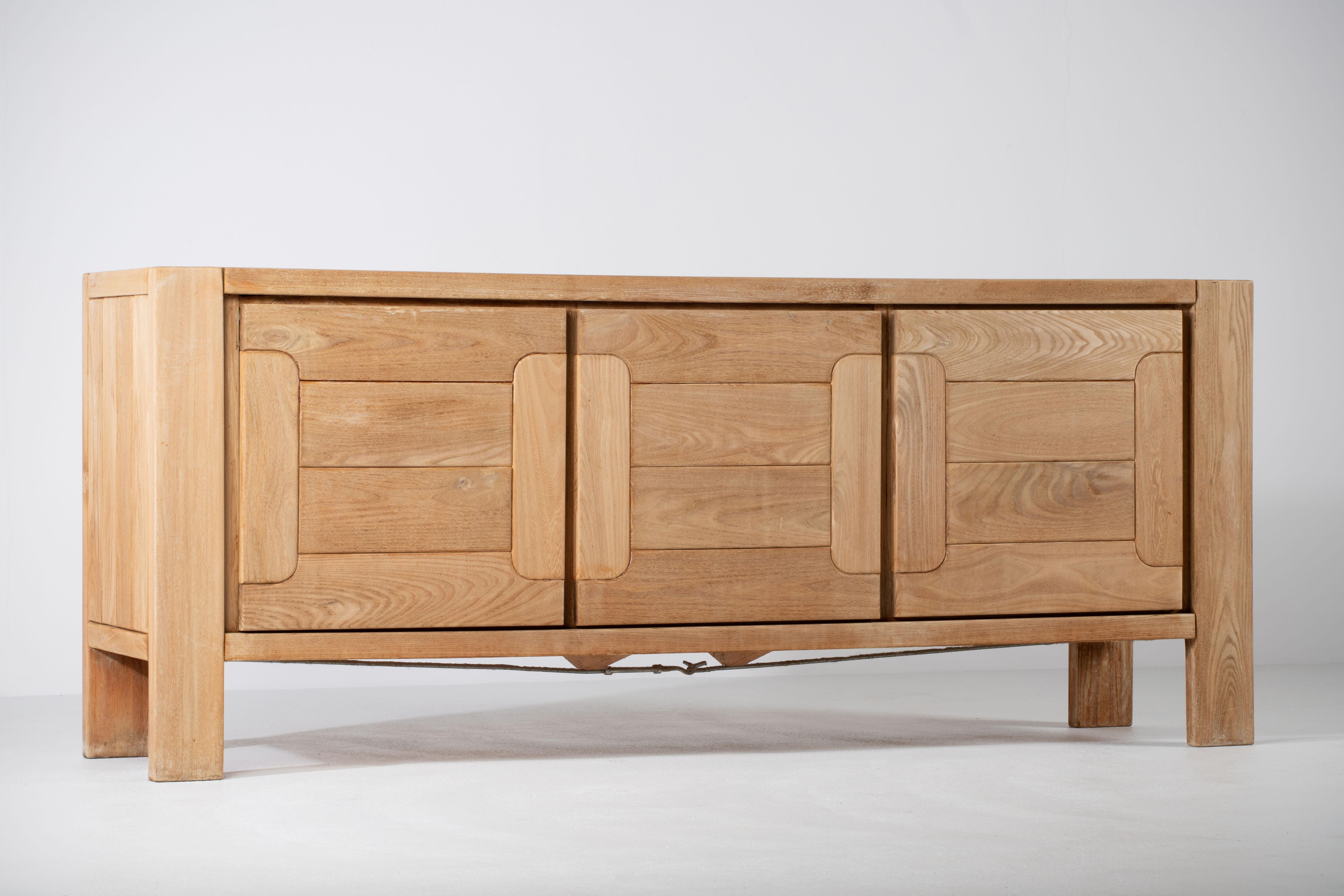 20th Century Elm Wood Sideboard Attributed to Maison Regain, France, 1970s
