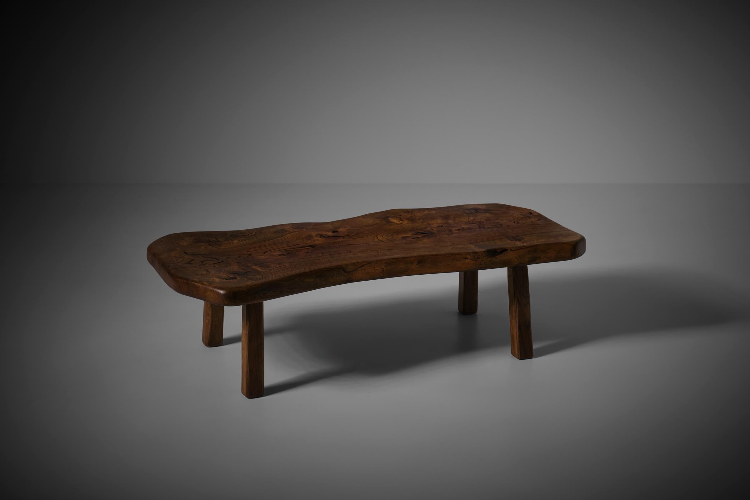 French Elm wooden Free Form coffee table, France 1960s