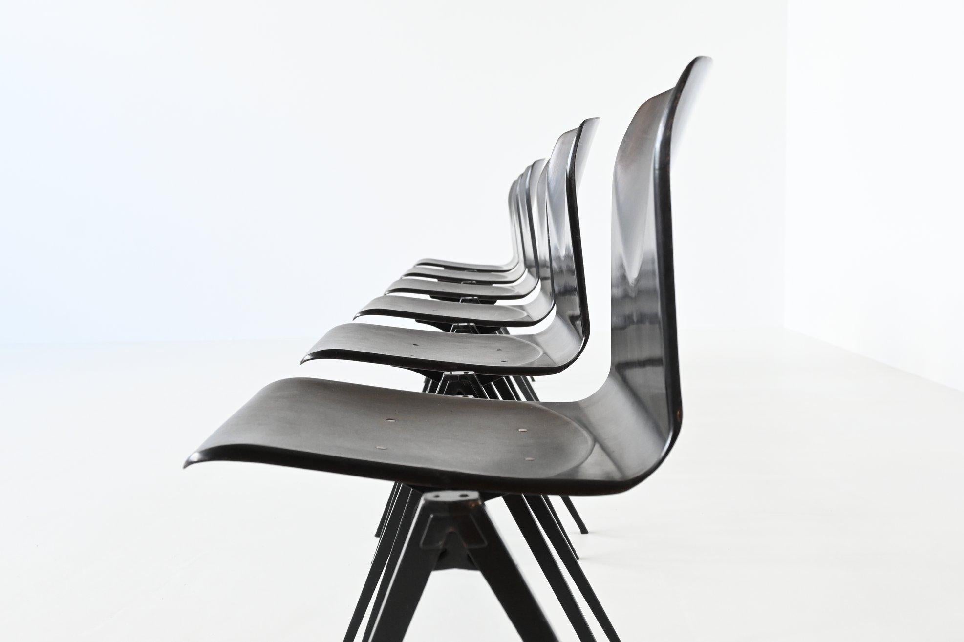 Wood Elmar Flototto Model S22 Black Stacking Chairs Pagholz, Germany, 1970