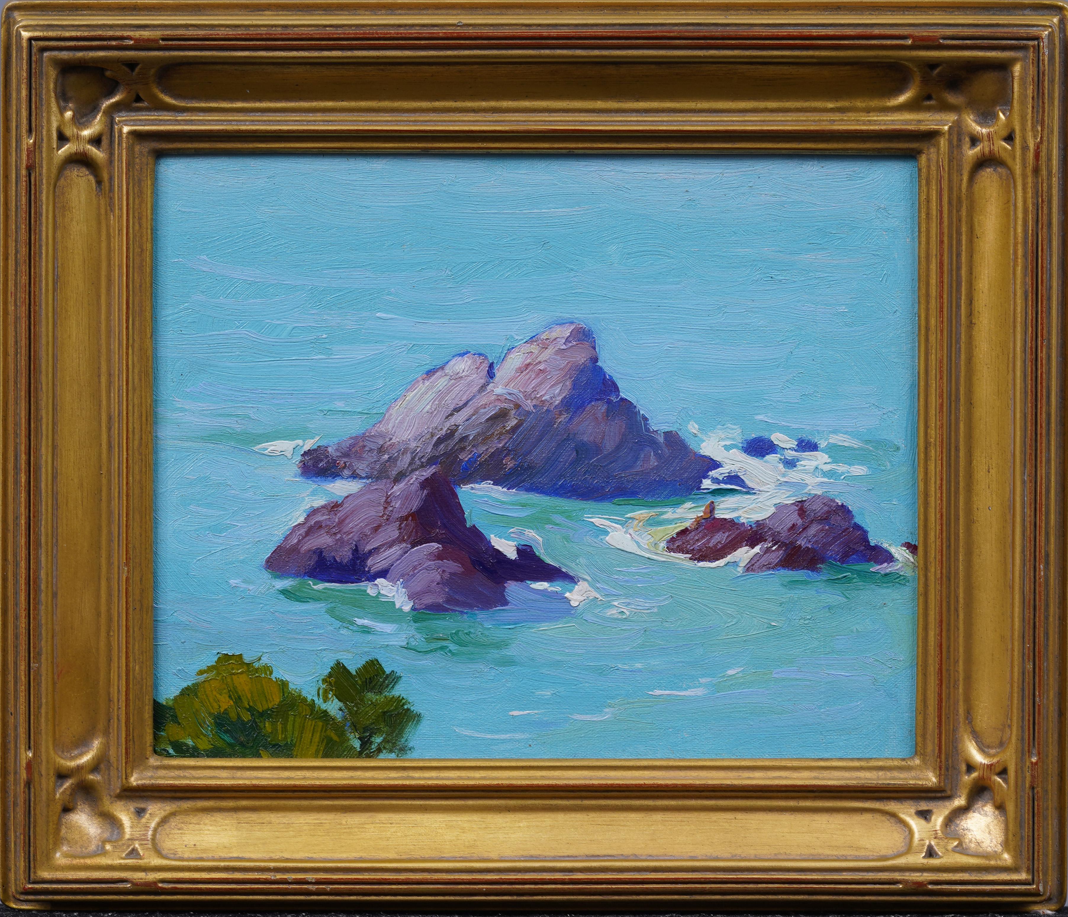 Antique American Impressionist Seal Rocks California Coastal Seascape Painting - Brown Landscape Painting by Elmer Ellsworth Garnsey 