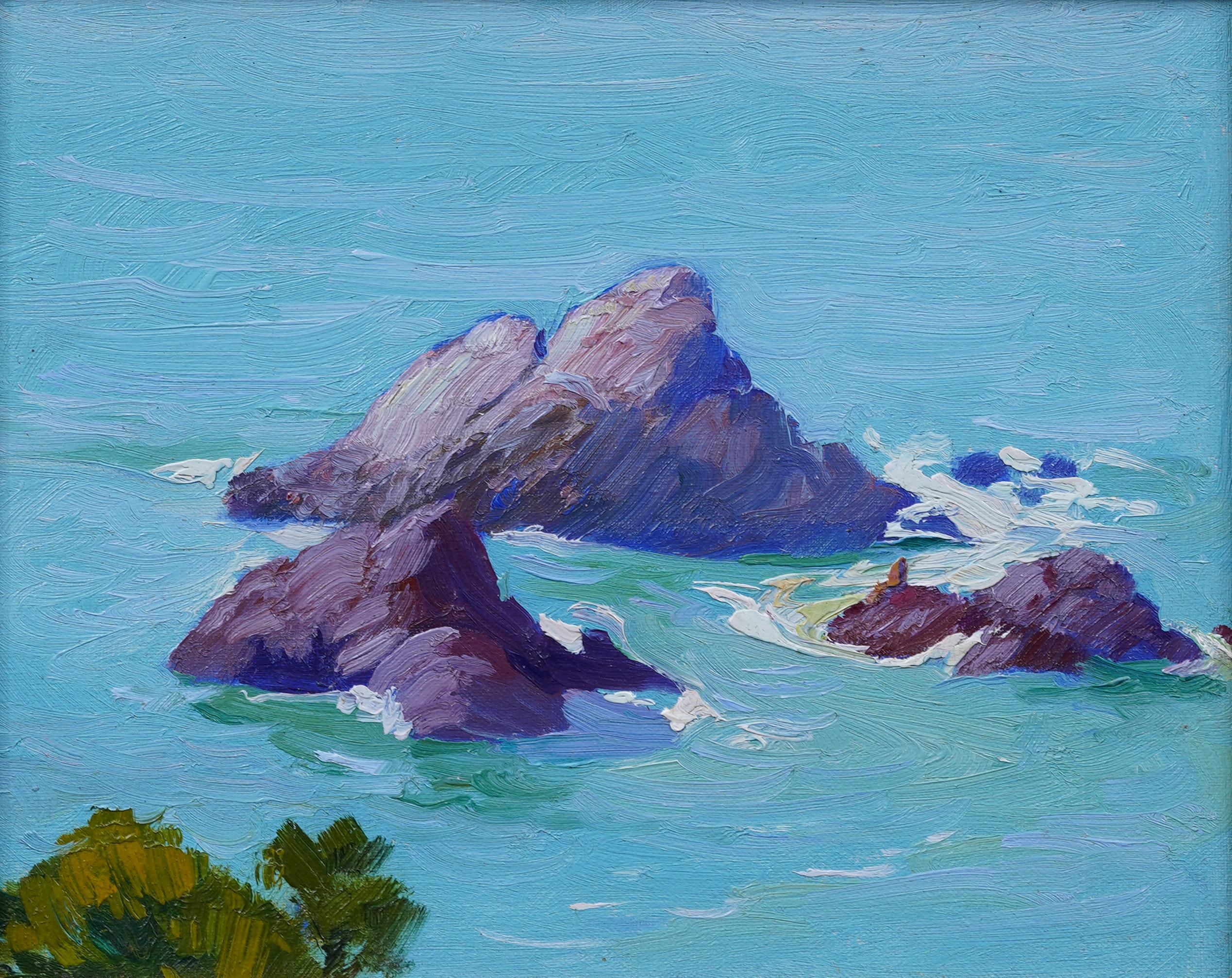 Nicely painted early American impressionist seacape painting by Elmer Ellsworth Garnsey (1862 - 1946). Oil on board.  Framed.  Signed verso.  Image size, 8 by 10 inches.  