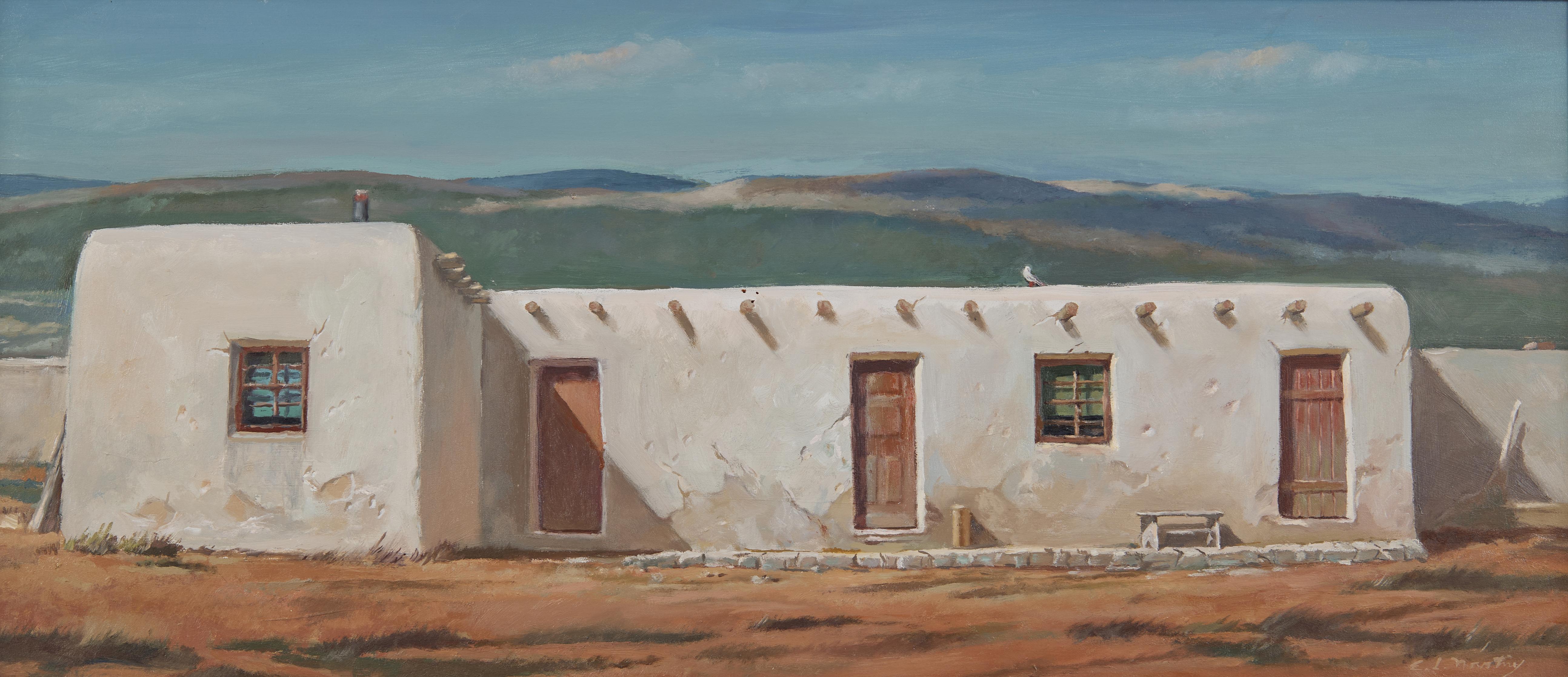 Elmer Ladislaw Novotny (American, 1909-1997)
Sante Fe Home, New Mexico
Oil on board
Signed lower right, signed and titled verso
12.5 x 29.5 inches
18 x 34 inches, framed

Elmer Novotny, born in 1909, was a long-time resident of Ohio, teacher at Kent