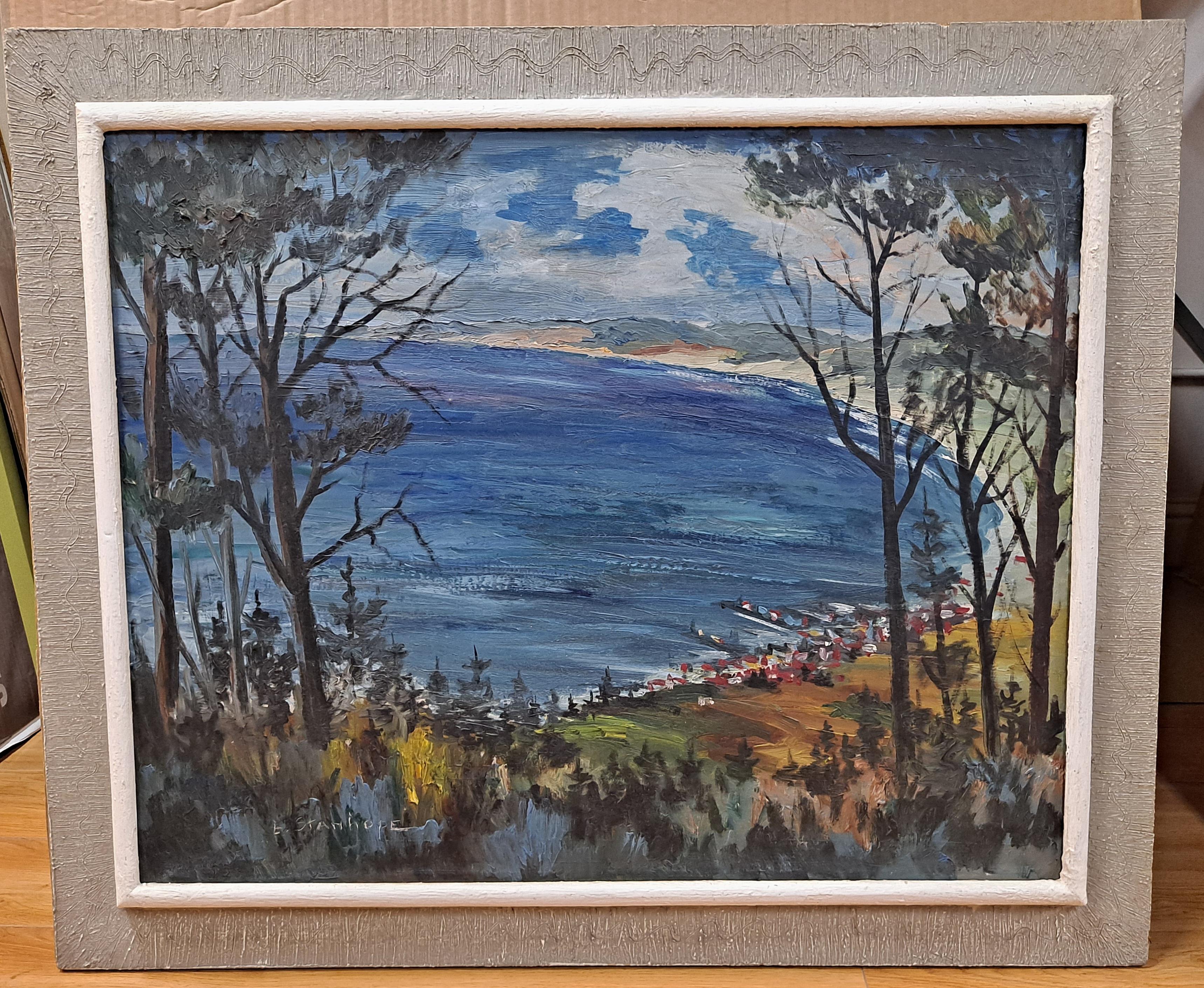 Magnifique paysage impressionniste des années 1940 par Elmer Stanhope (1907-1956)
Intitulé "Monterey Bay" (Baie de Monterey)
Huile sur toile
La toile mesure 24" x 30", tandis que le cadre mesure 30" x 36"