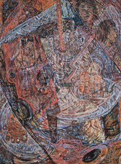 Elmi Ventura Mata, Medieval tools and Angel abstract, 60" x 52", oil on canvas