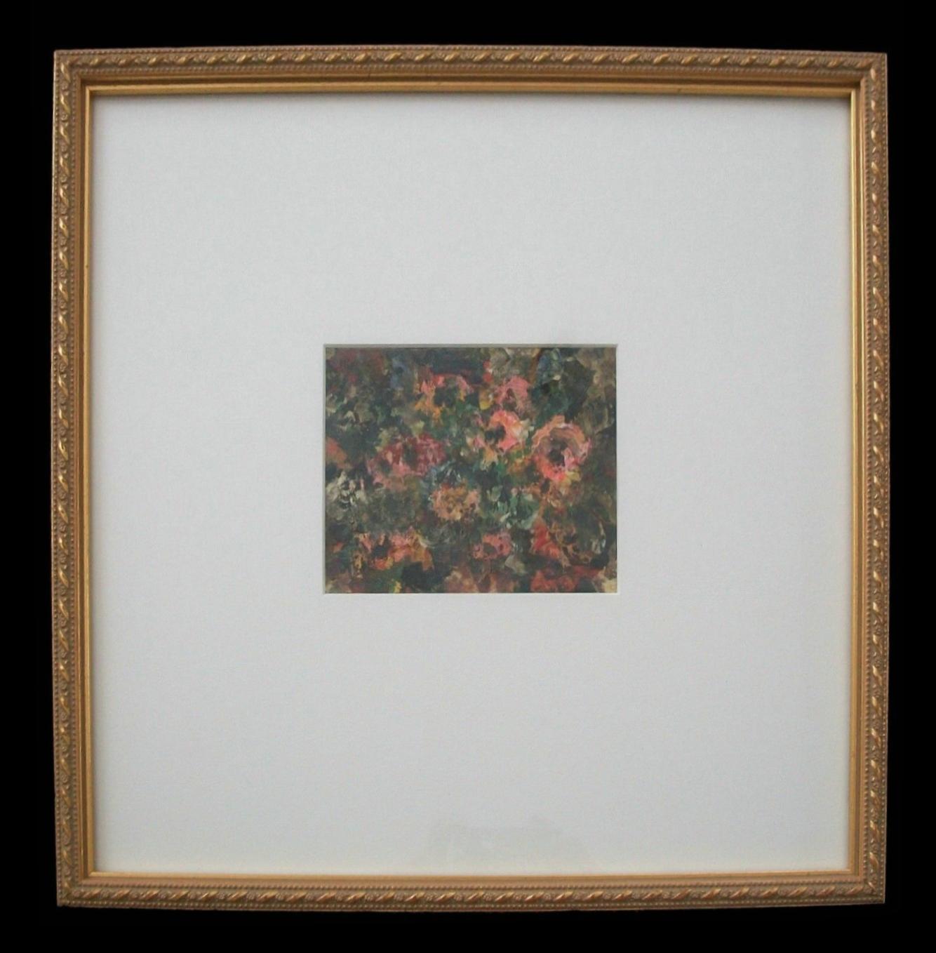 ELMO MARSHALL - 'An English Garden' - Vintage Impressionist 'palette' oil painting - vintage gold gilt wood frame - finished with a single matte board with glass - signed/titled/dated verso - Canada - circa 1970. 

Excellent vintage condition -