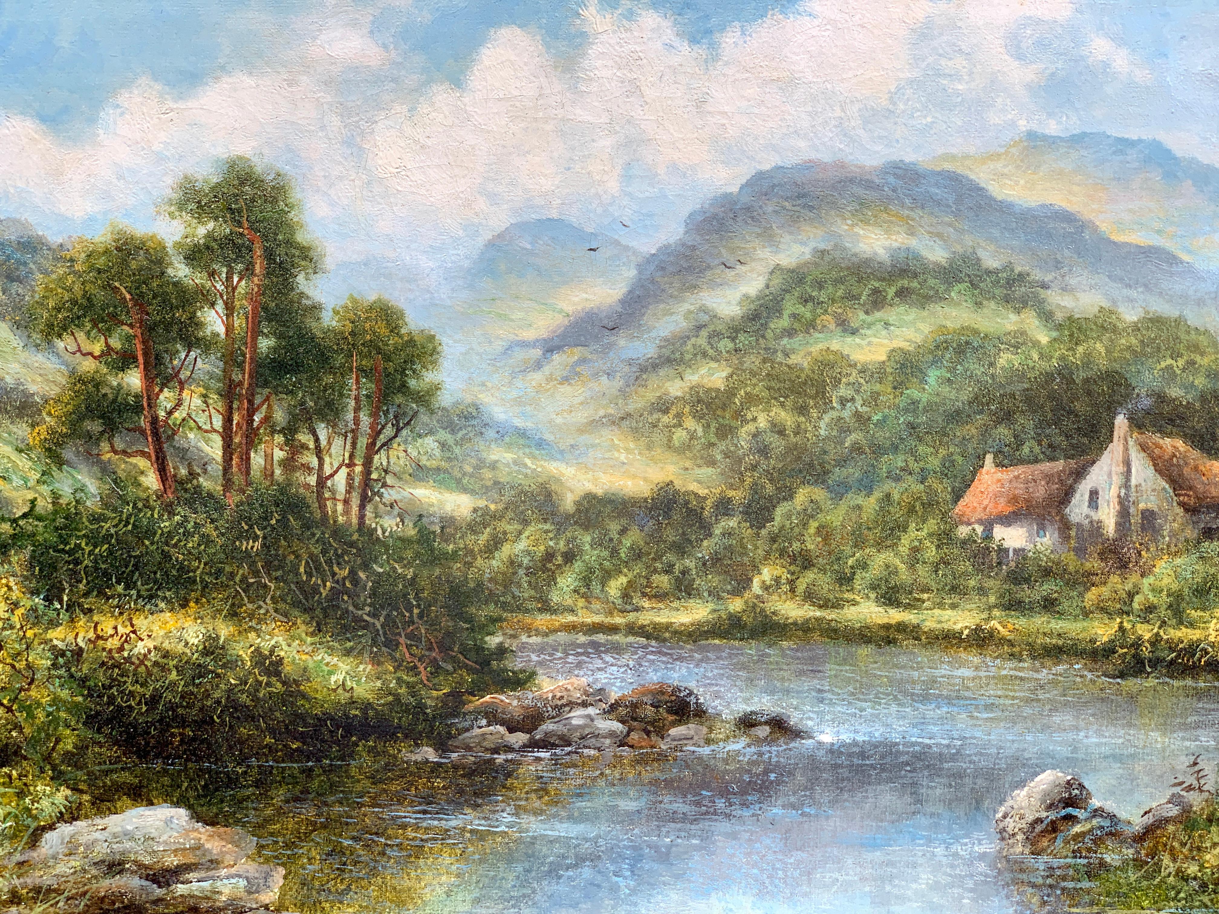 Paysage écossais des Highlands du 19e siècle avec boissons de Highland Cattle - Painting de E.L.Mulready