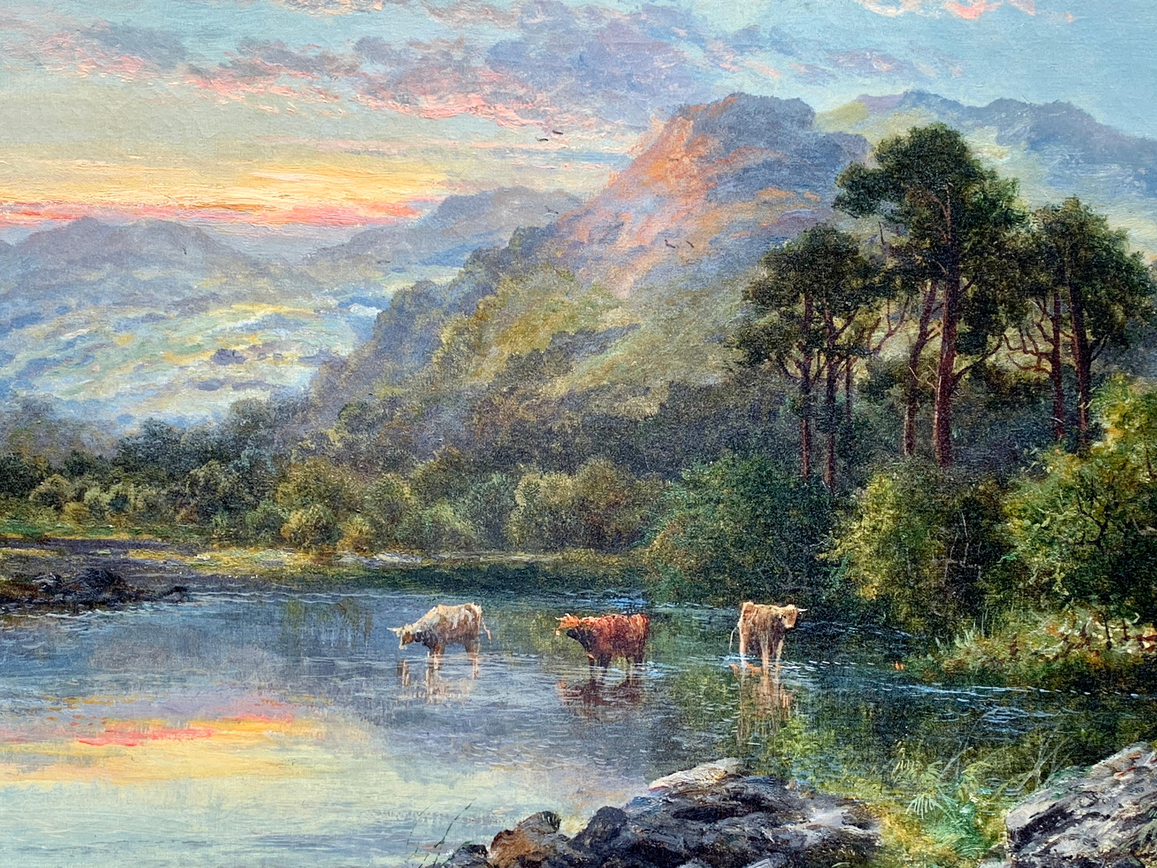 19th century Scottish Highland lock landscape with Highland Cattle drinking - Painting by E.L.Mulready