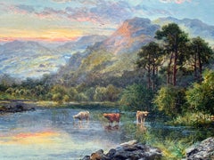 19th century Scottish Highland lock landscape with Highland Cattle drinking