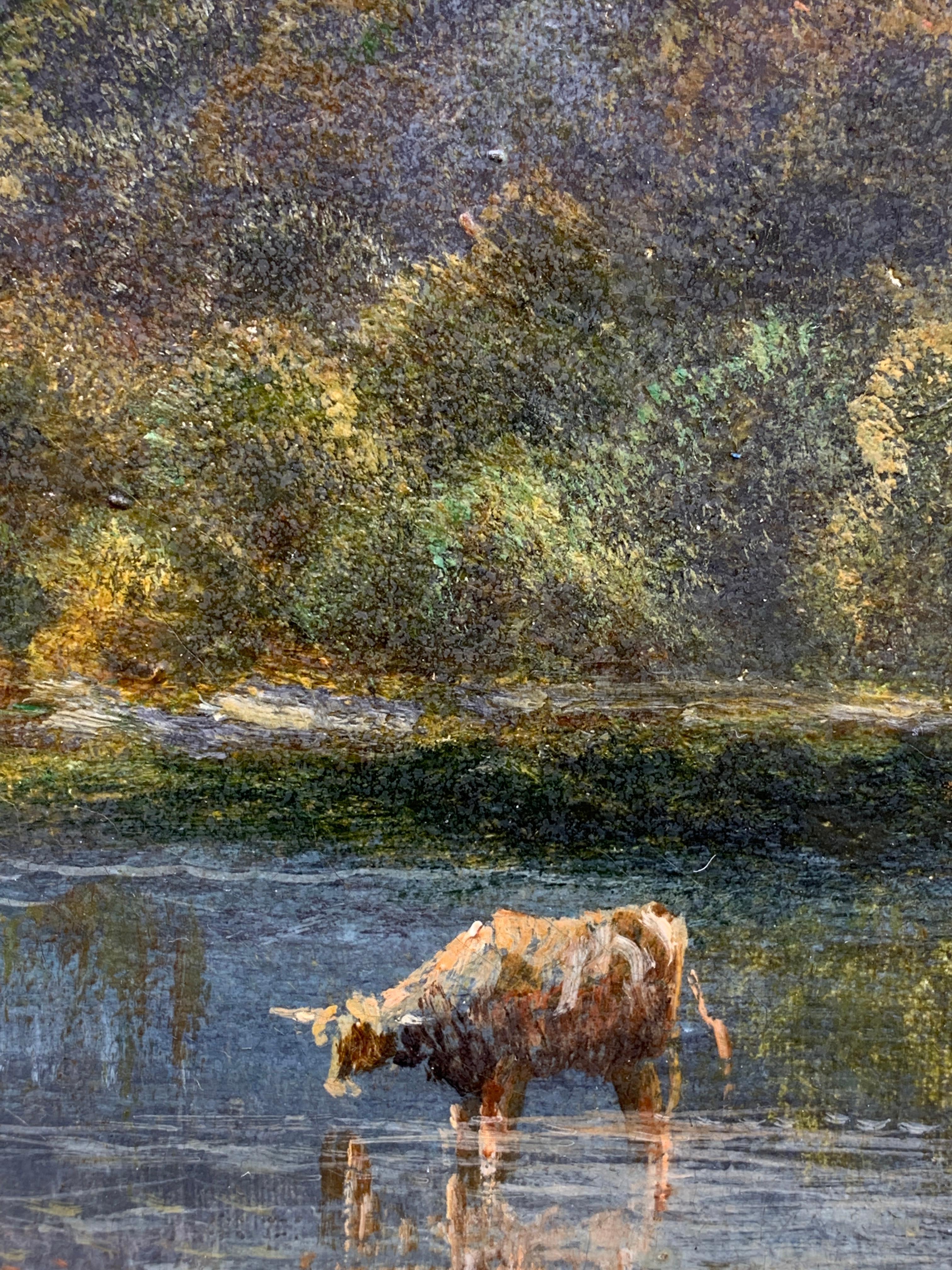 19th century Scottish Highland lock landscape with Highland Cattle drinking - Victorian Painting by E.L.Mulready