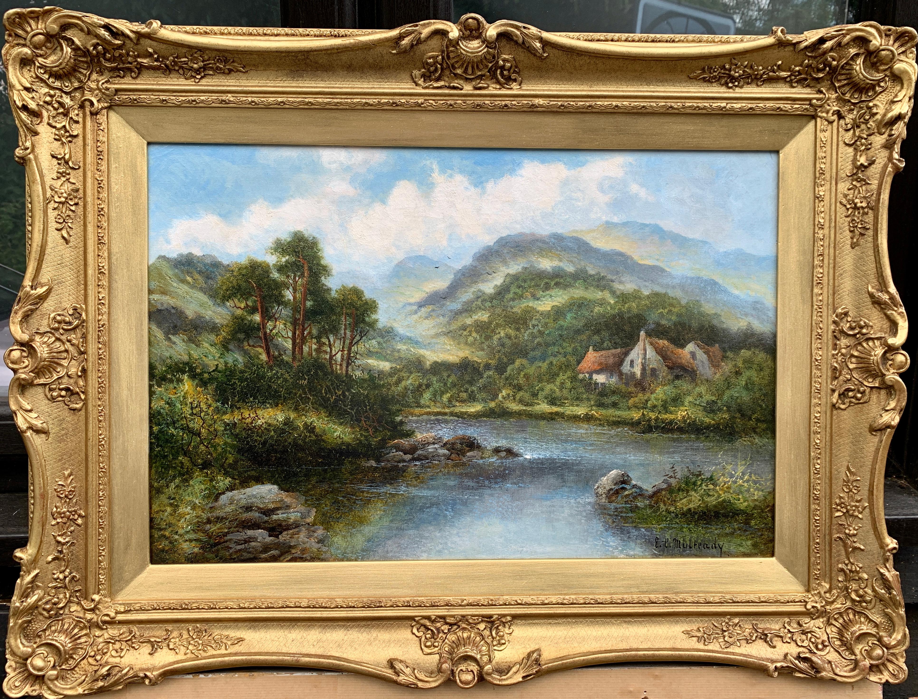 E.L.Mulready Landscape Painting – Schottische Highland lock-Landschaft des 19. Jahrhunderts mit Highland Cattle- Trinken