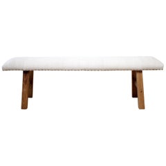 Elmwood Bench Upholstered in Antique White Homespun Linen and Antique Tack Trim