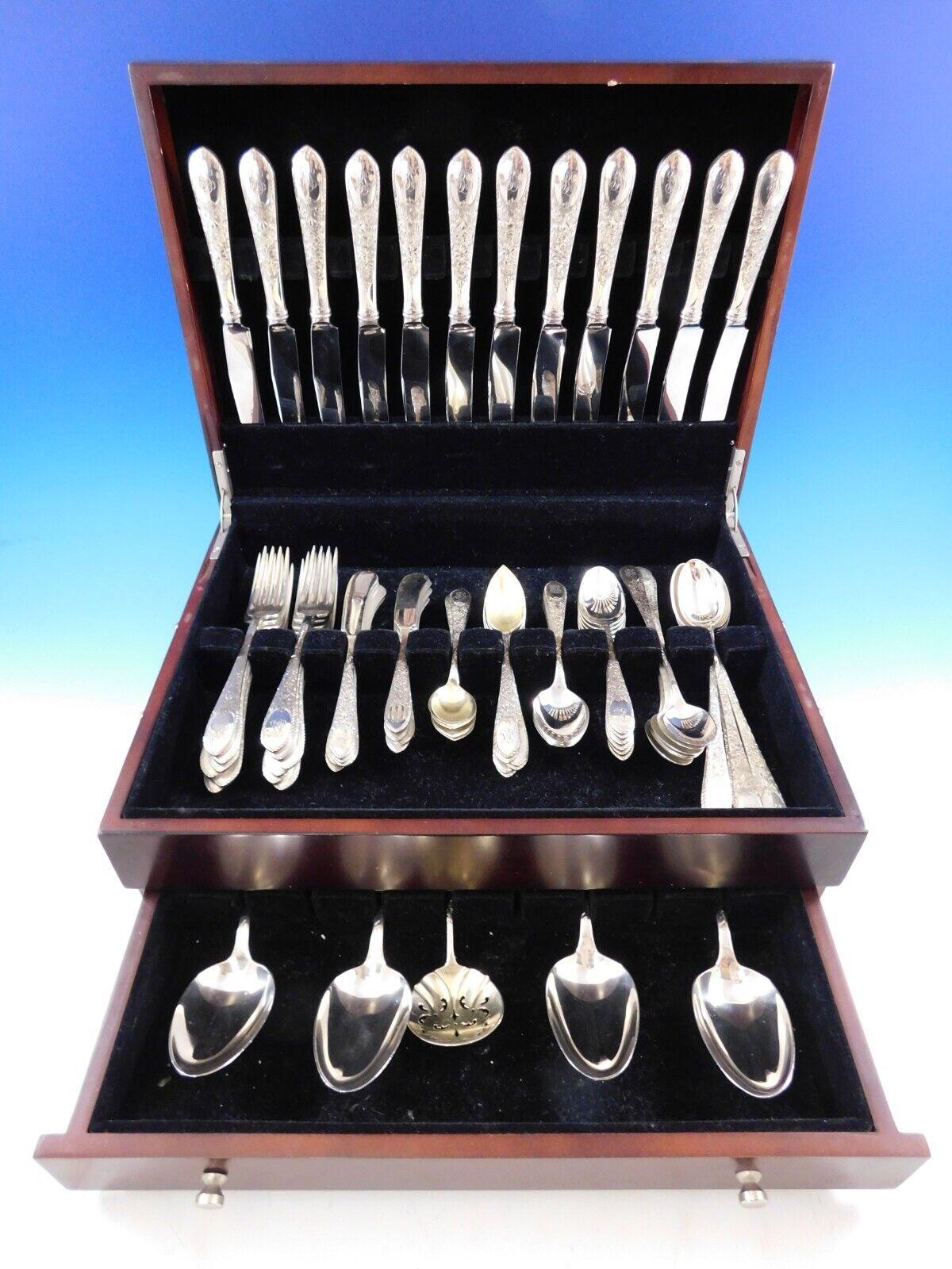 Scarce Elmwood by Gorham sterling silver Flatware set introduced in the year 1894, with engraved design - 77 pieces. This set includes:

12 Knives, 9