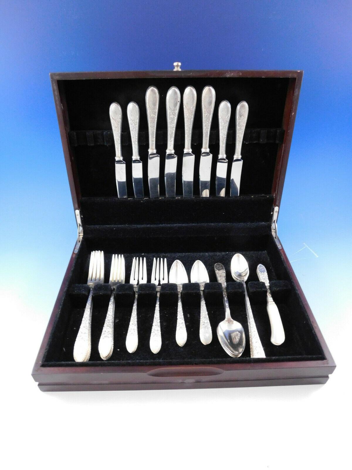 Scarce elmwood by Gorham sterling silver Flatware set introduced in the year 1894, with engraved design - 36 pieces. This set includes:

4 dinner size knives, 9 1/2