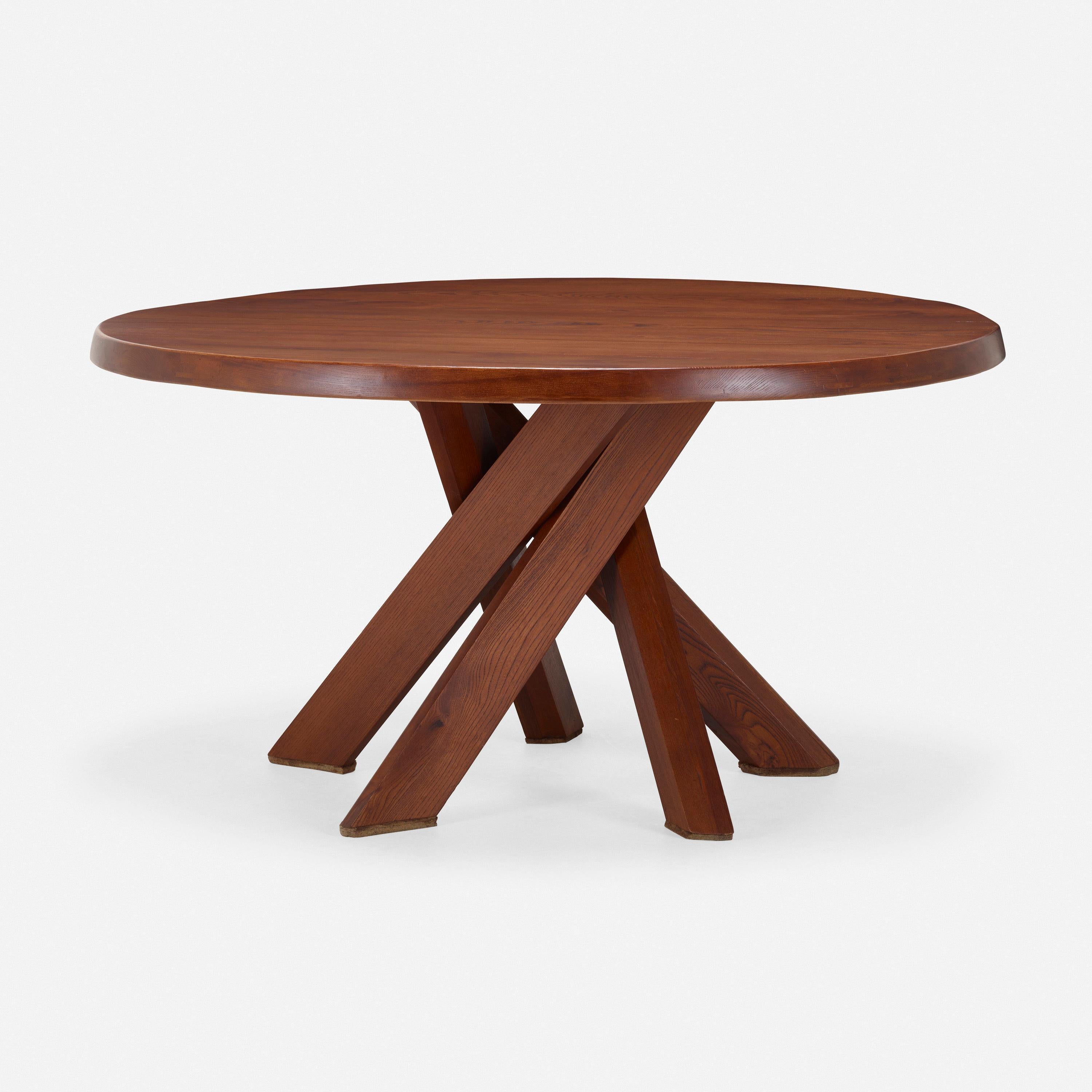 Elmwood circular dining Table model T21D by Pierre Chapo.
After the war, he passed the entrance exam to the Beaux Arts de Paris in architecture. The classics, Greeks, Romans, the Bauhaus masters, Frank Lloyd Wright, Buckminster Fuller, Le