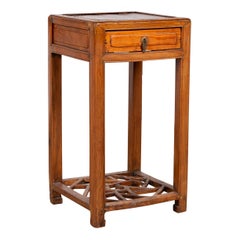 Elmwood Lamp Table with Single Drawer, Horsehoof Feet and Cracked Ice Shelf