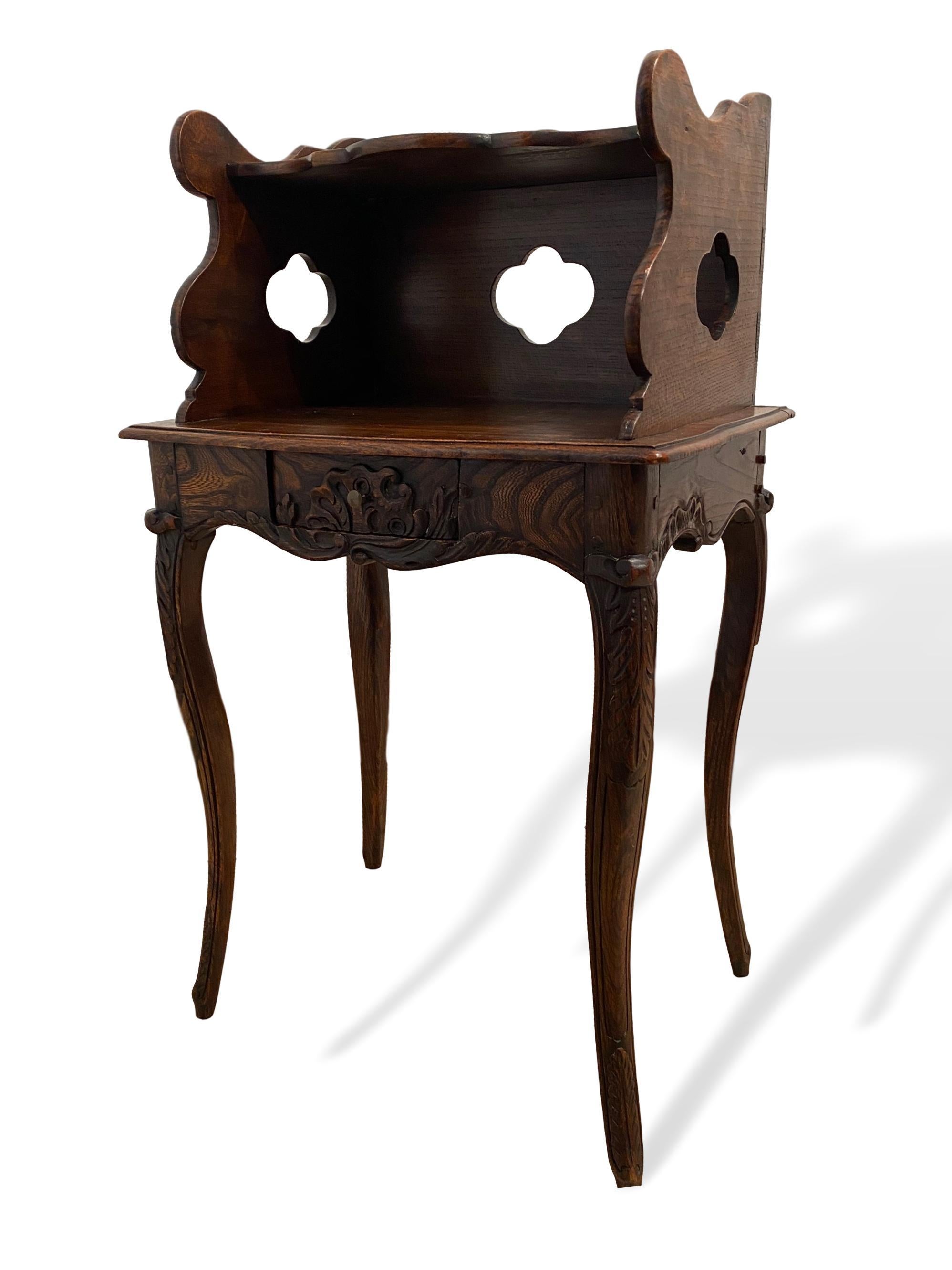 Late 19th Century Elmwood Side Table with Gallery/Shelf, Pierced Quatrefoils, French, circa 1870 For Sale