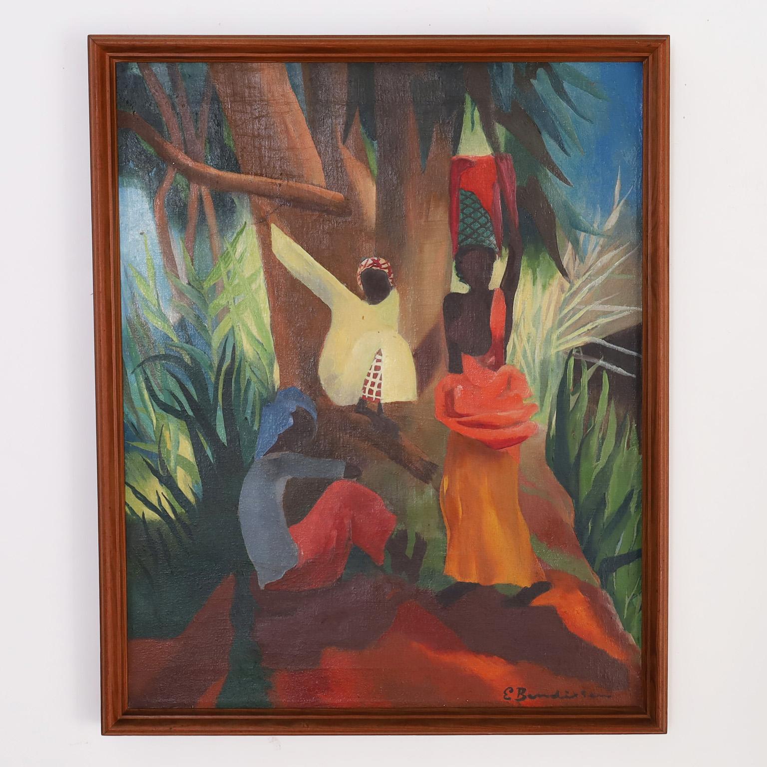 Elna Heiberg Bendixen Figurative Painting - Tropical Scene Oil Painting on Canvas of Three Figures