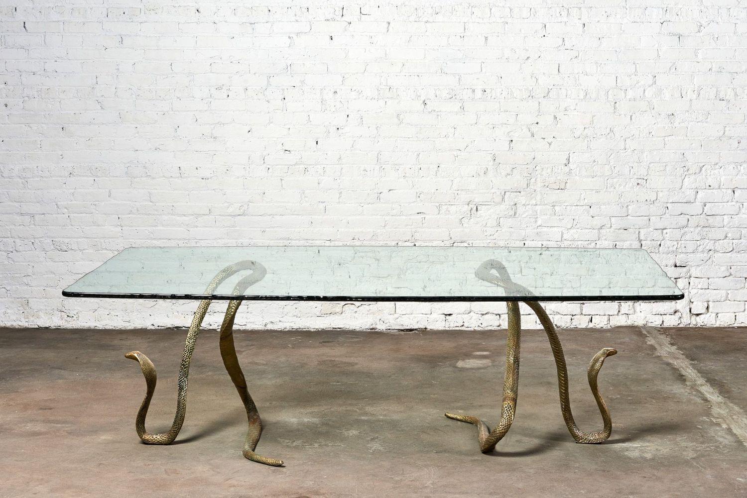 Mid-Century Modern ELODIA Sculptural Brass Cobra and Glass Dining Table For Sale