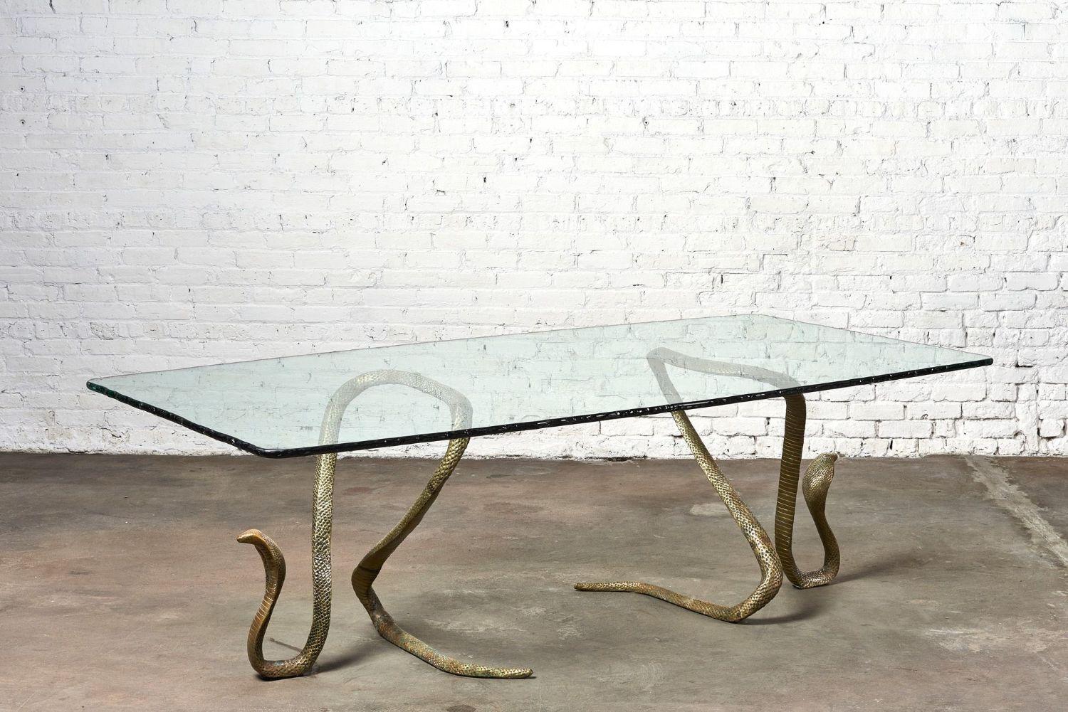American ELODIA Sculptural Brass Cobra and Glass Dining Table For Sale