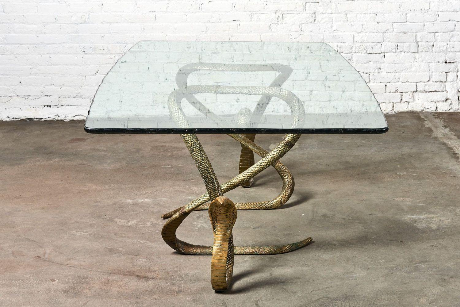 Late 20th Century ELODIA Sculptural Brass Cobra and Glass Dining Table For Sale