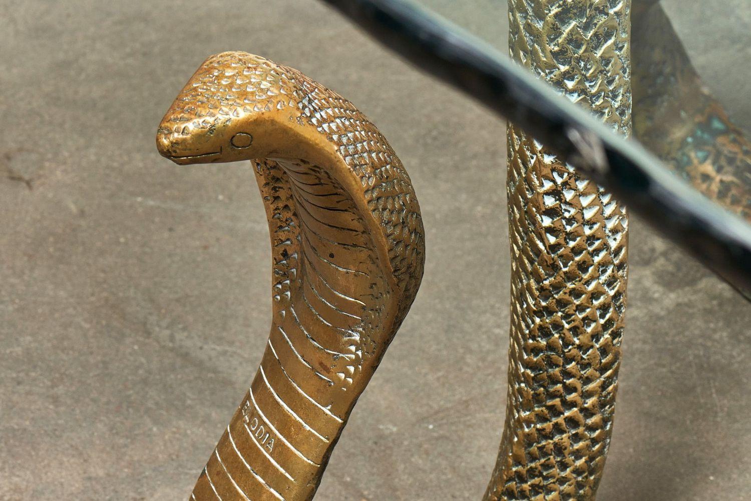 ELODIA Sculptural Brass Cobra and Glass Dining Table For Sale 2