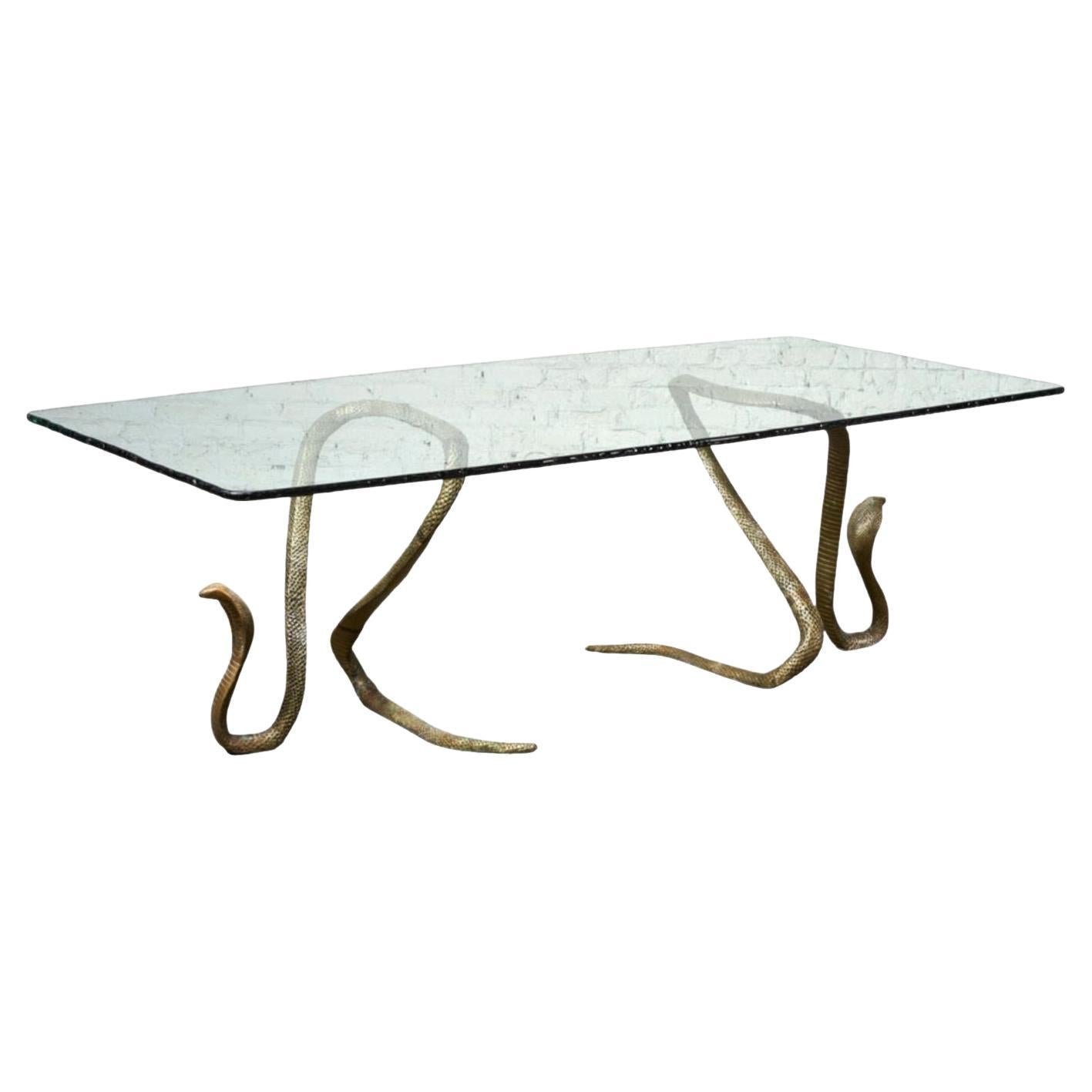 ELODIA Sculptural Brass Cobra and Glass Dining Table For Sale