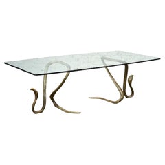 Vintage ELODIA Sculptural Brass Cobra and Glass Dining Table