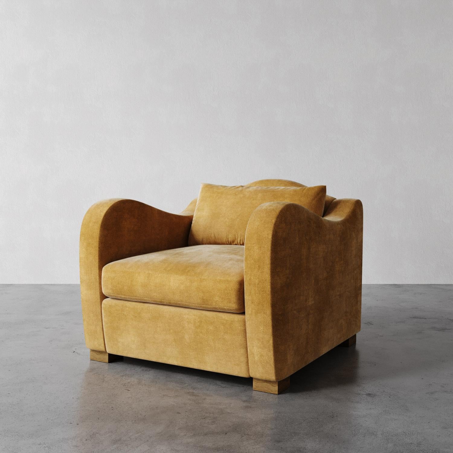 The Elodie Chair draws inspiration from the elegant curves of 1930s French design, channeling the works of Jean Royère, Pierre Chareau and Marc du Plantier. With its deep seat, soft back cushion, and swooping arms, it balances luxury and modernity,