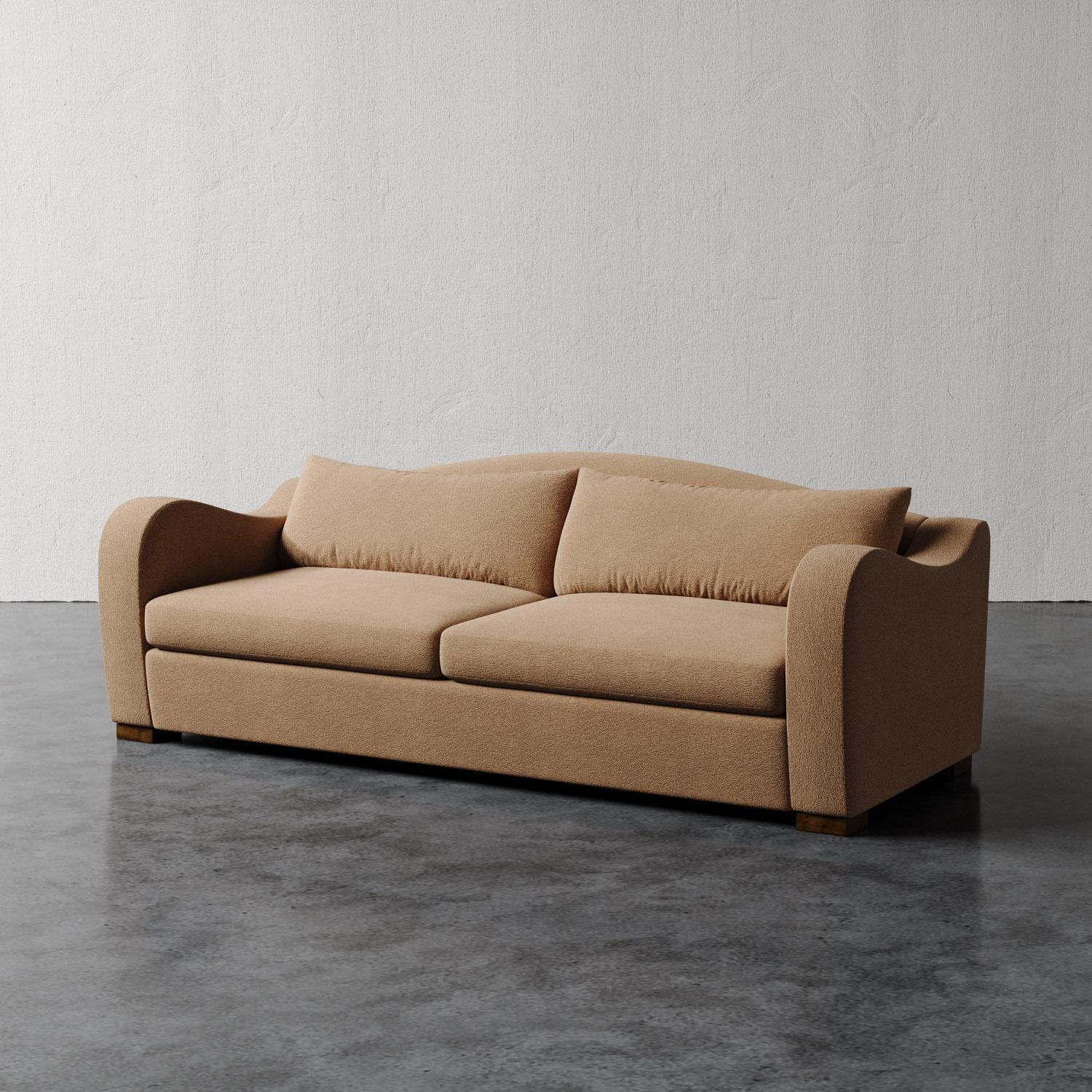 Das Elodie Sofa ist von den eleganten Kurven des französischen Designs der 1930er Jahre inspiriert und orientiert sich an den Werken von Jean Royère, Pierre Chareau und Marc du Plantier. Mit seinem tiefen Sitz, dem weichen Rückenkissen und den