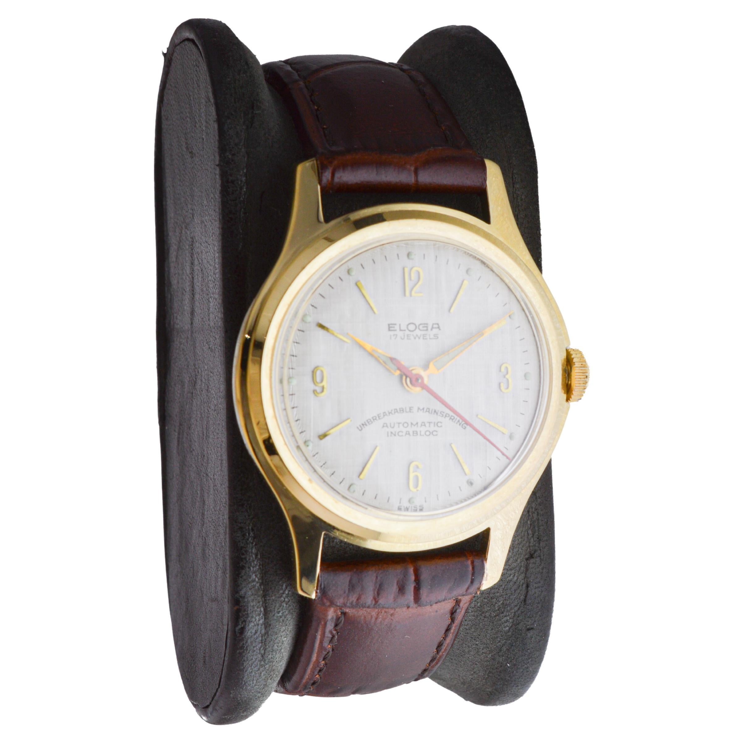 Moderniste Eloga Yellow Gold Filled Art Deco Watch with Flawless Original Dial 1950's en vente