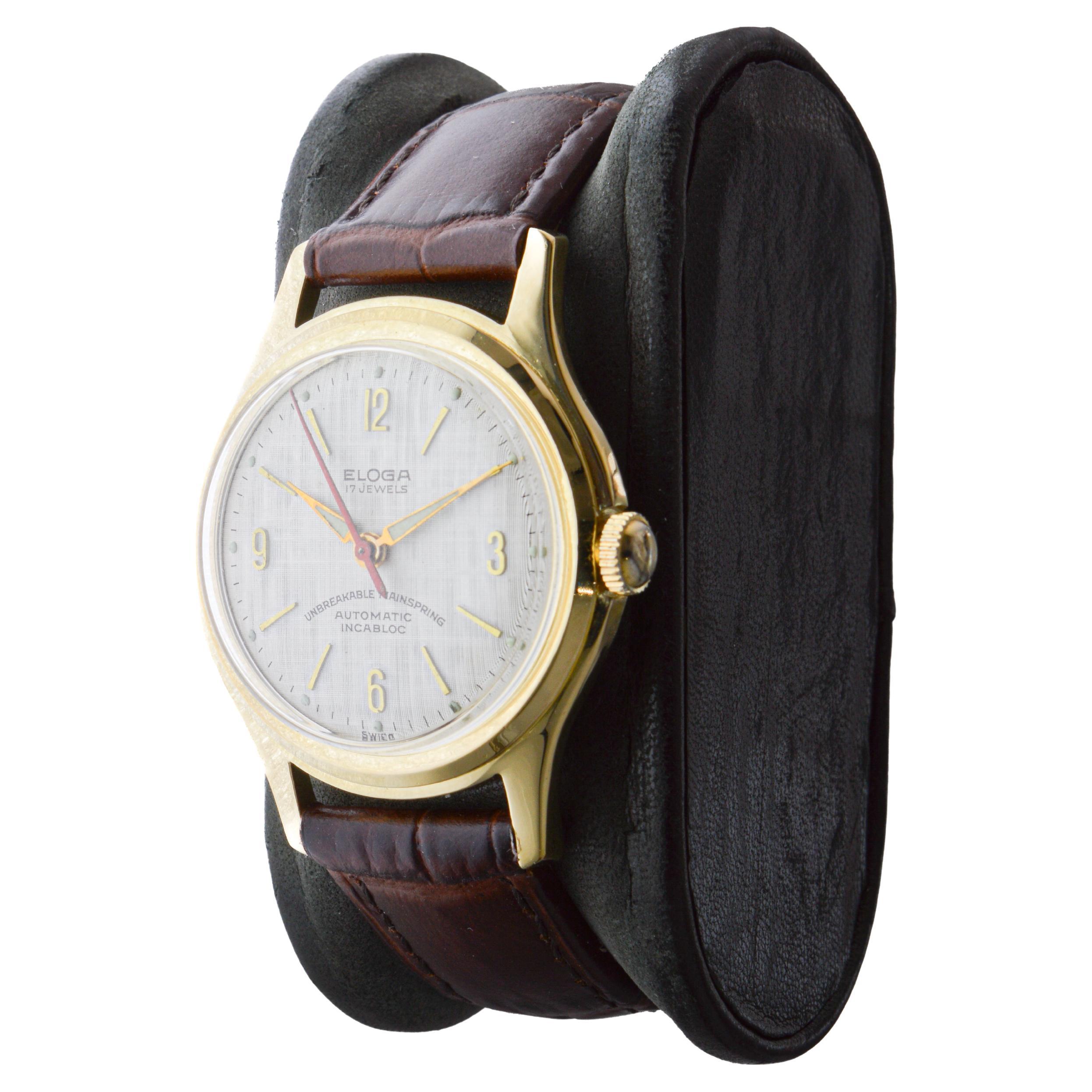 Eloga Yellow Gold Filled Art Deco Watch with Flawless Original Dial 1950's en vente 2