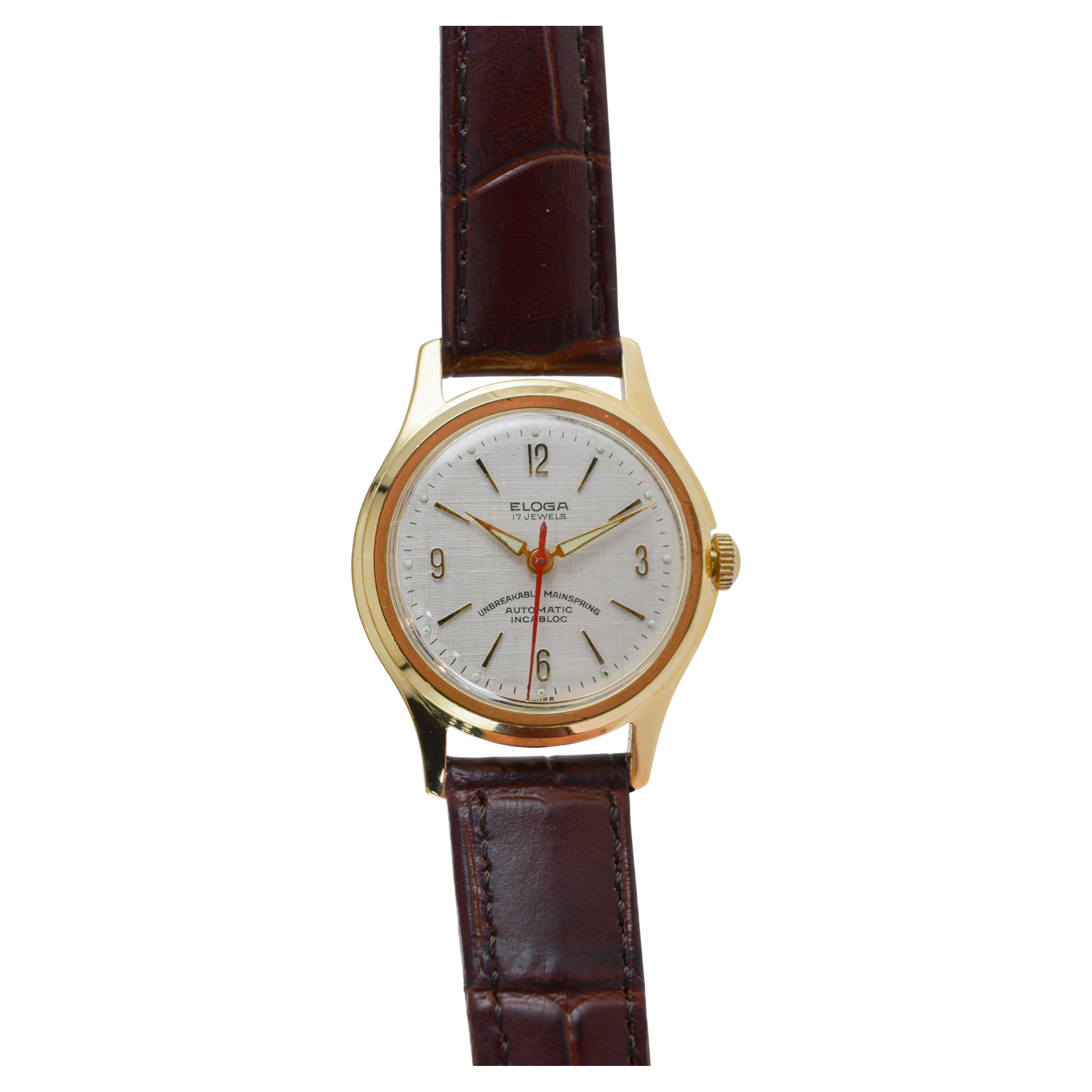 Eloga Yellow Gold Filled Art Deco Watch with Flawless Original Dial 1950's en vente 3