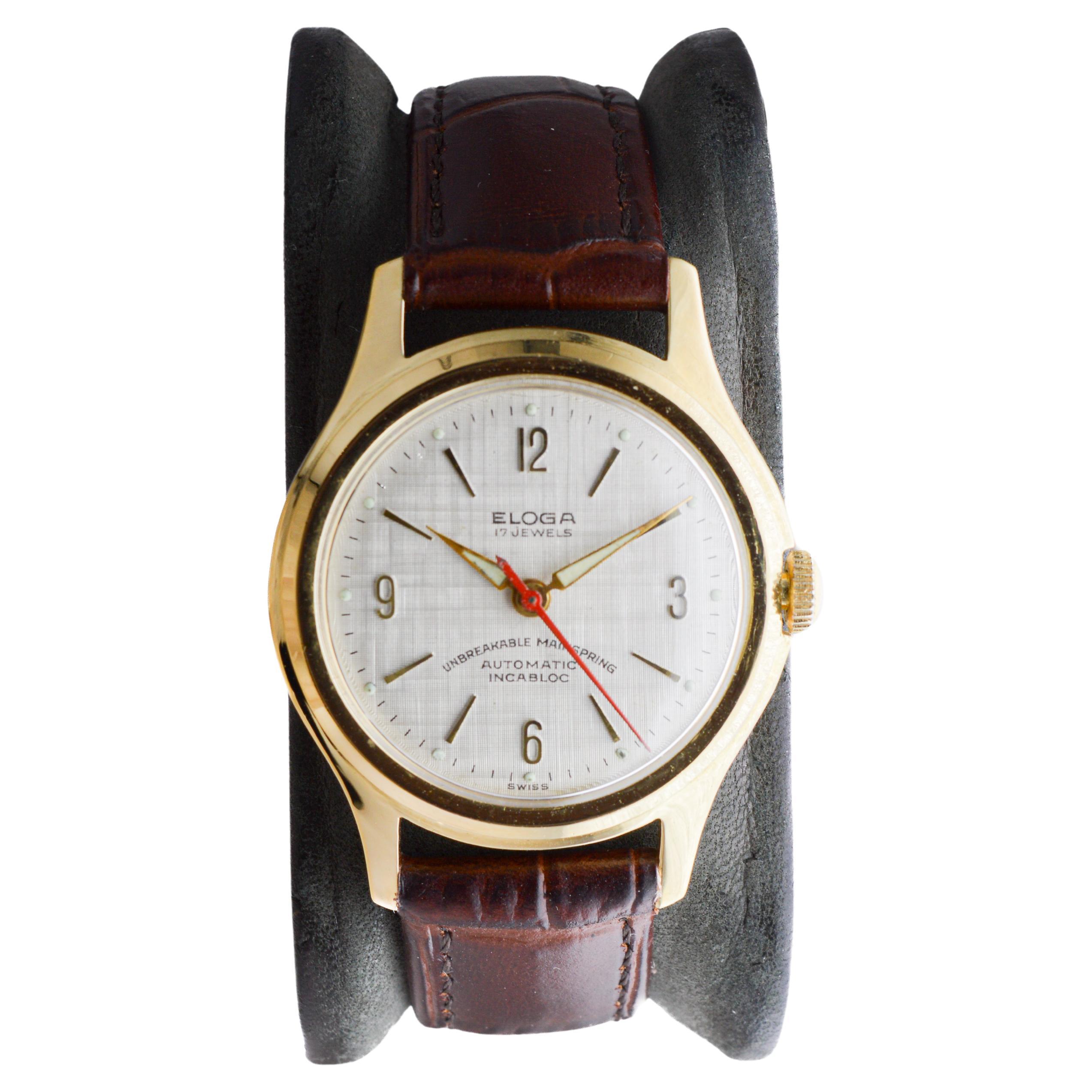 Eloga Yellow Gold Filled Art Deco Watch with Flawless Original Dial 1950's en vente