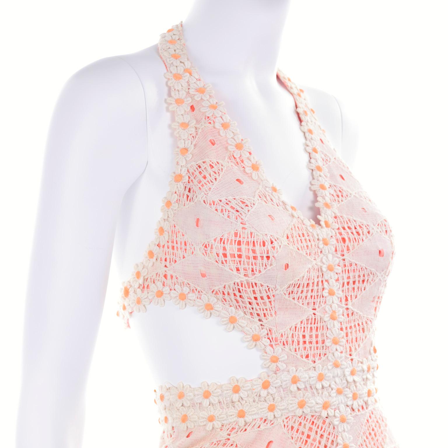 Eloise Curtis 1970s Vintage Orange & White Gingham Maxi Dress W/ Lace 4