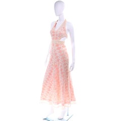 Eloise Curtis 1970s Vintage Orange & White Gingham Maxi Dress W/ Lace