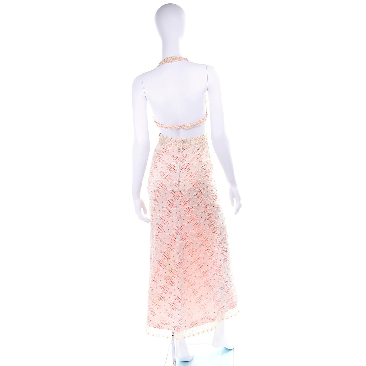 Pink Eloise Curtis 1970s Vintage Orange & White Gingham Maxi Dress W/ Lace