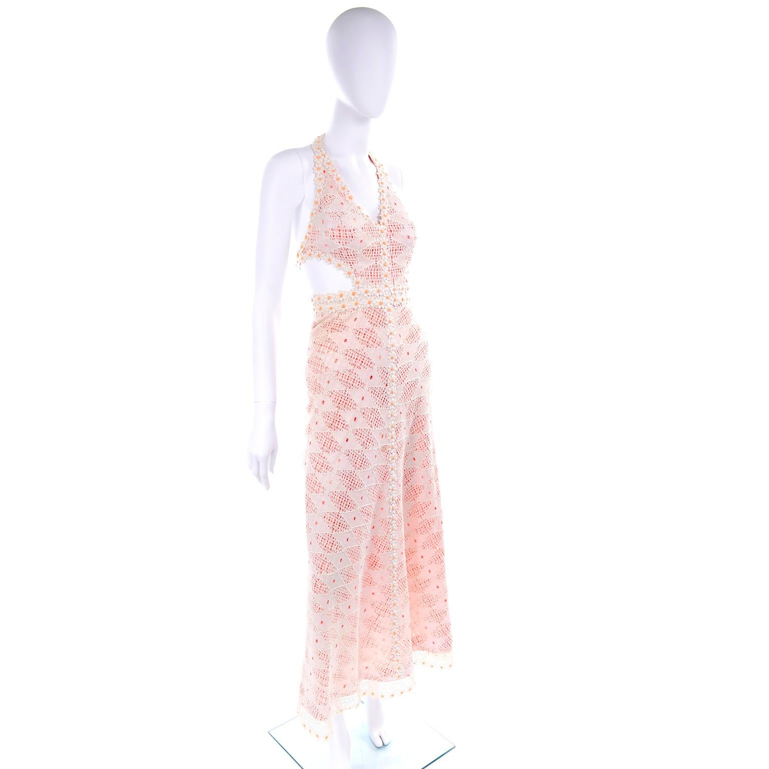 Women's Eloise Curtis 1970s Vintage Orange & White Gingham Maxi Dress W/ Lace