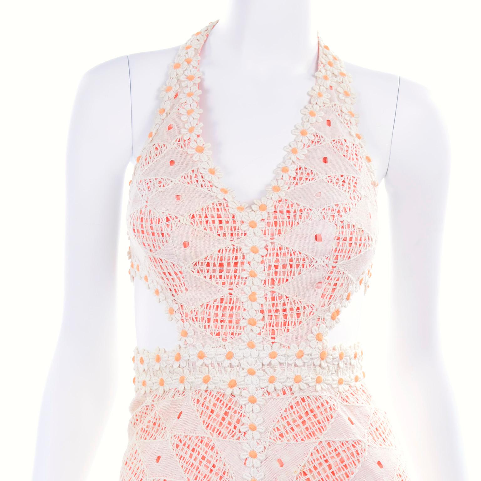 Eloise Curtis 1970s Vintage Orange & White Gingham Maxi Dress W/ Lace 1