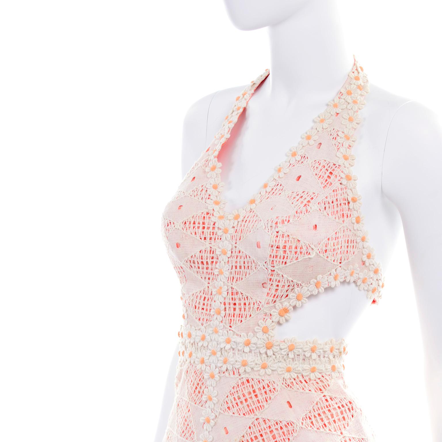 Eloise Curtis 1970s Vintage Orange & White Gingham Maxi Dress W/ Lace 2