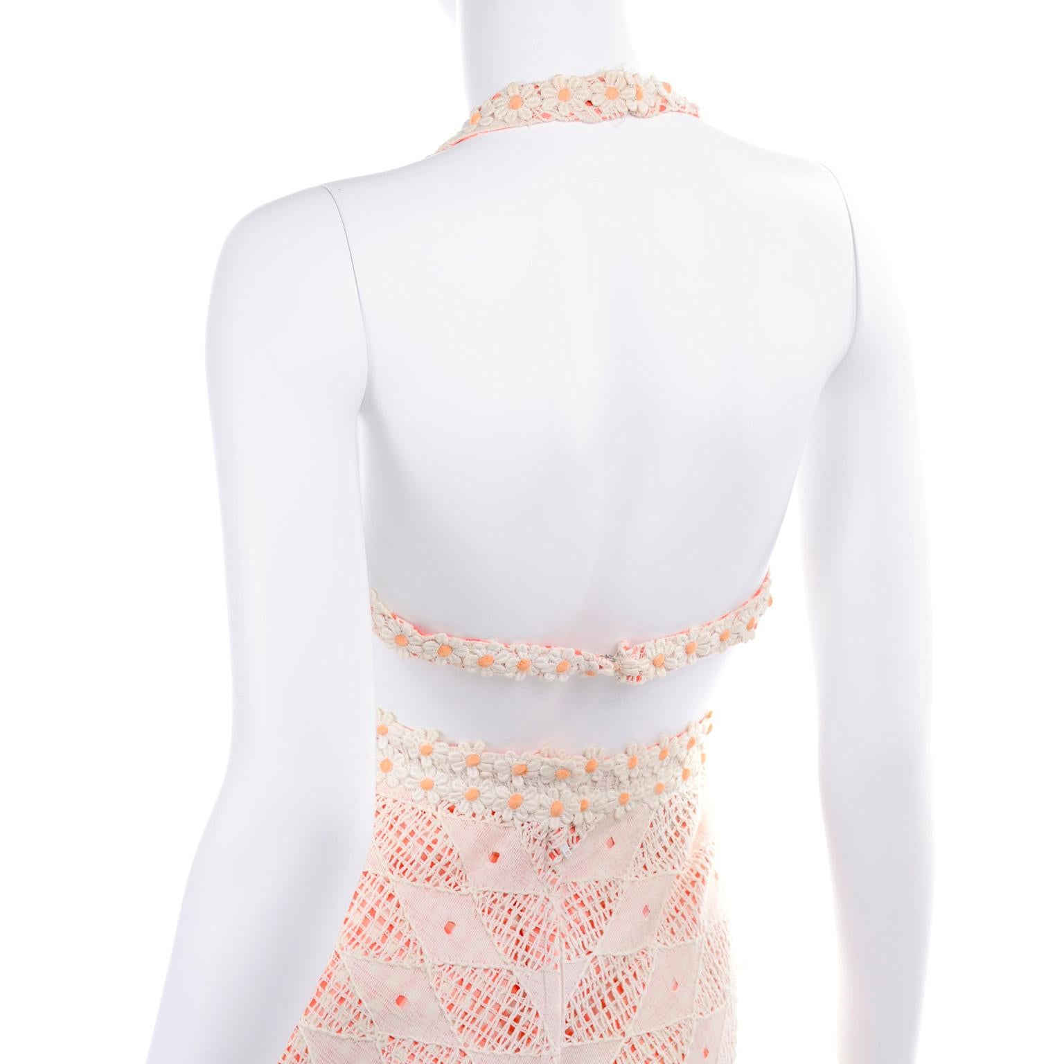 Eloise Curtis 1970s Vintage Orange & White Gingham Maxi Dress W/ Lace 3